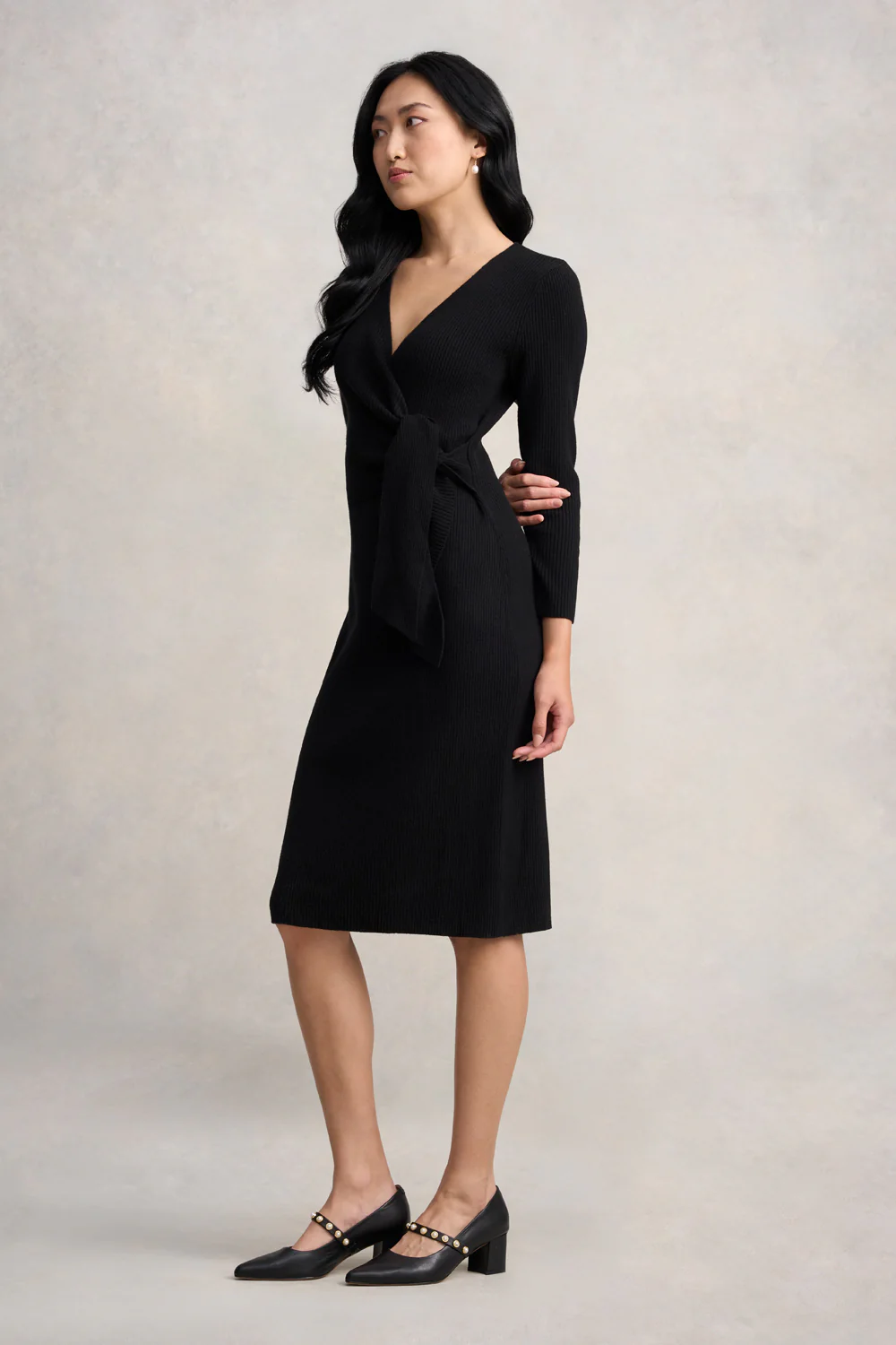 Wrap Detail Knit Dress - Black - Skullriy