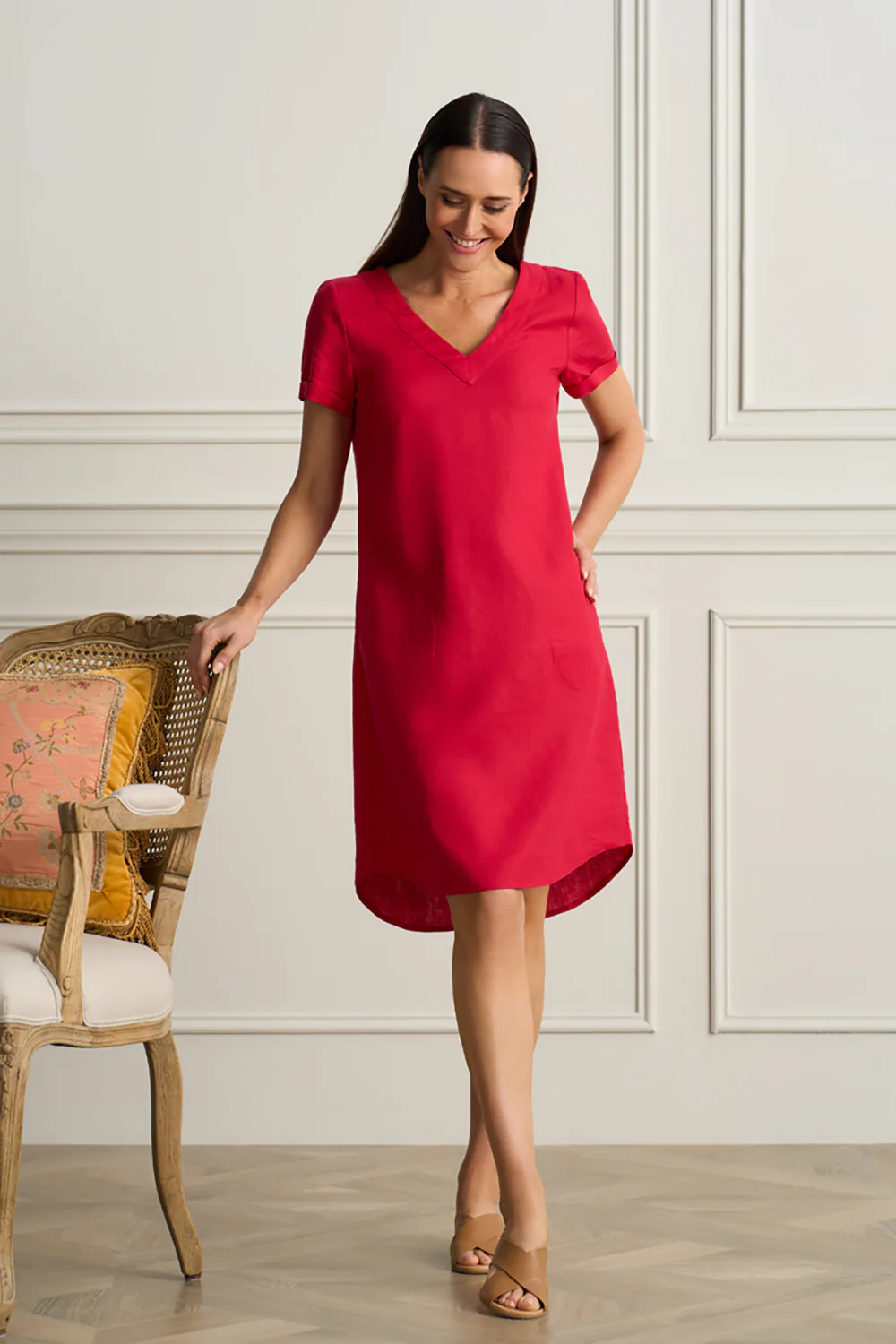 V-Neck Linen Dress - Rouge - Skullriy