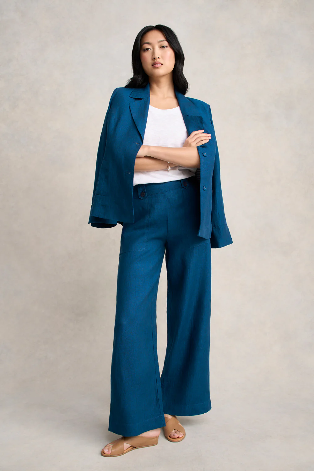 Full Length Waist Tab Linen Pant - Navy Delave - Skullriy