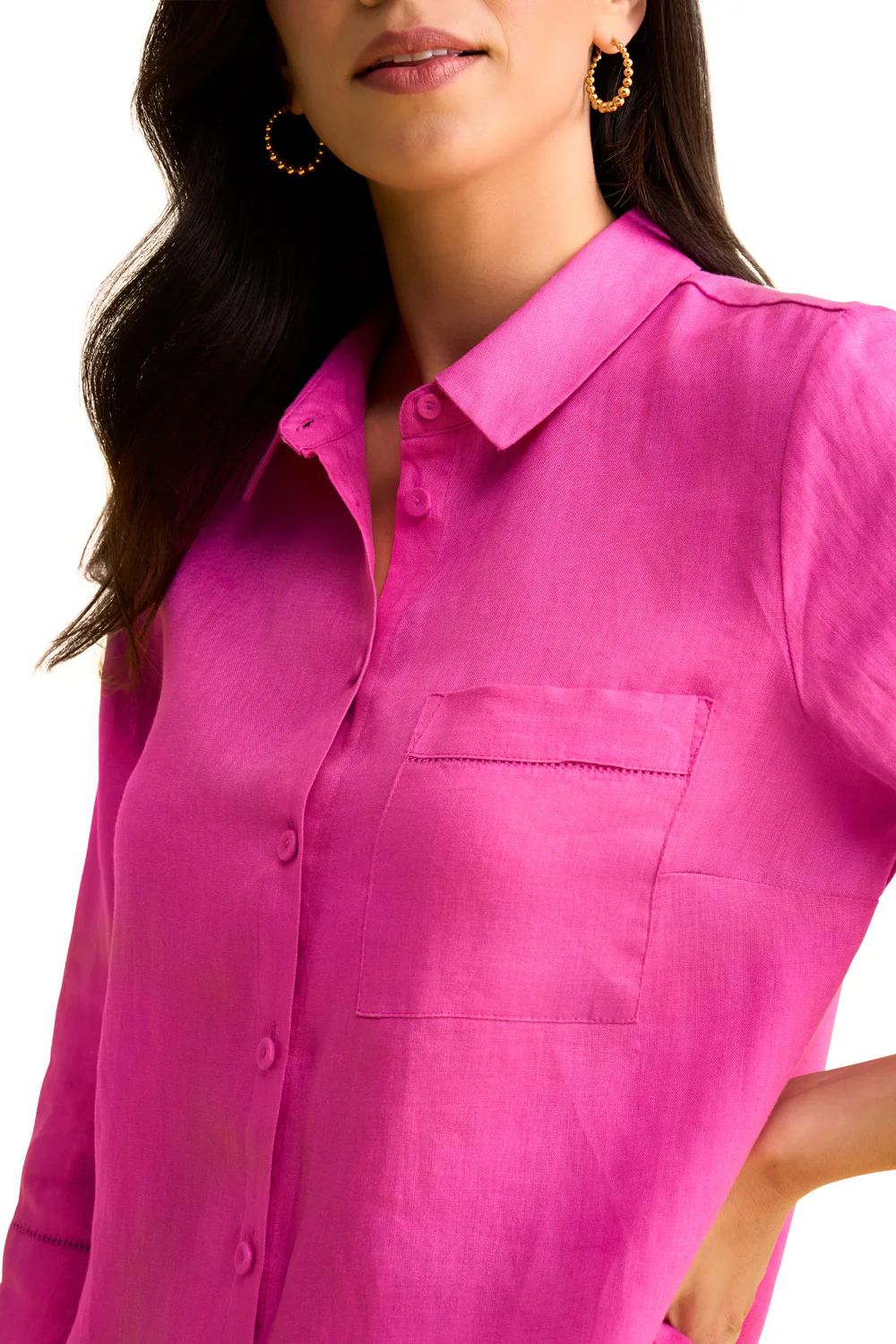 Wide Cuff Linen Shirt - Bright Rose - Skullriy