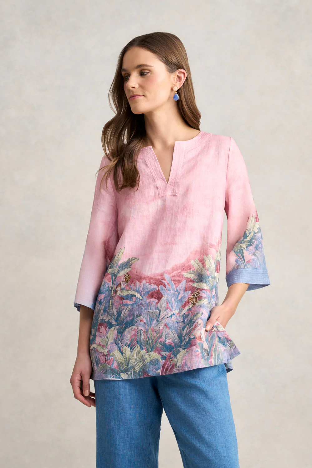 Printed Linen Tunic  C Sunset Palms Print - Skullriy
