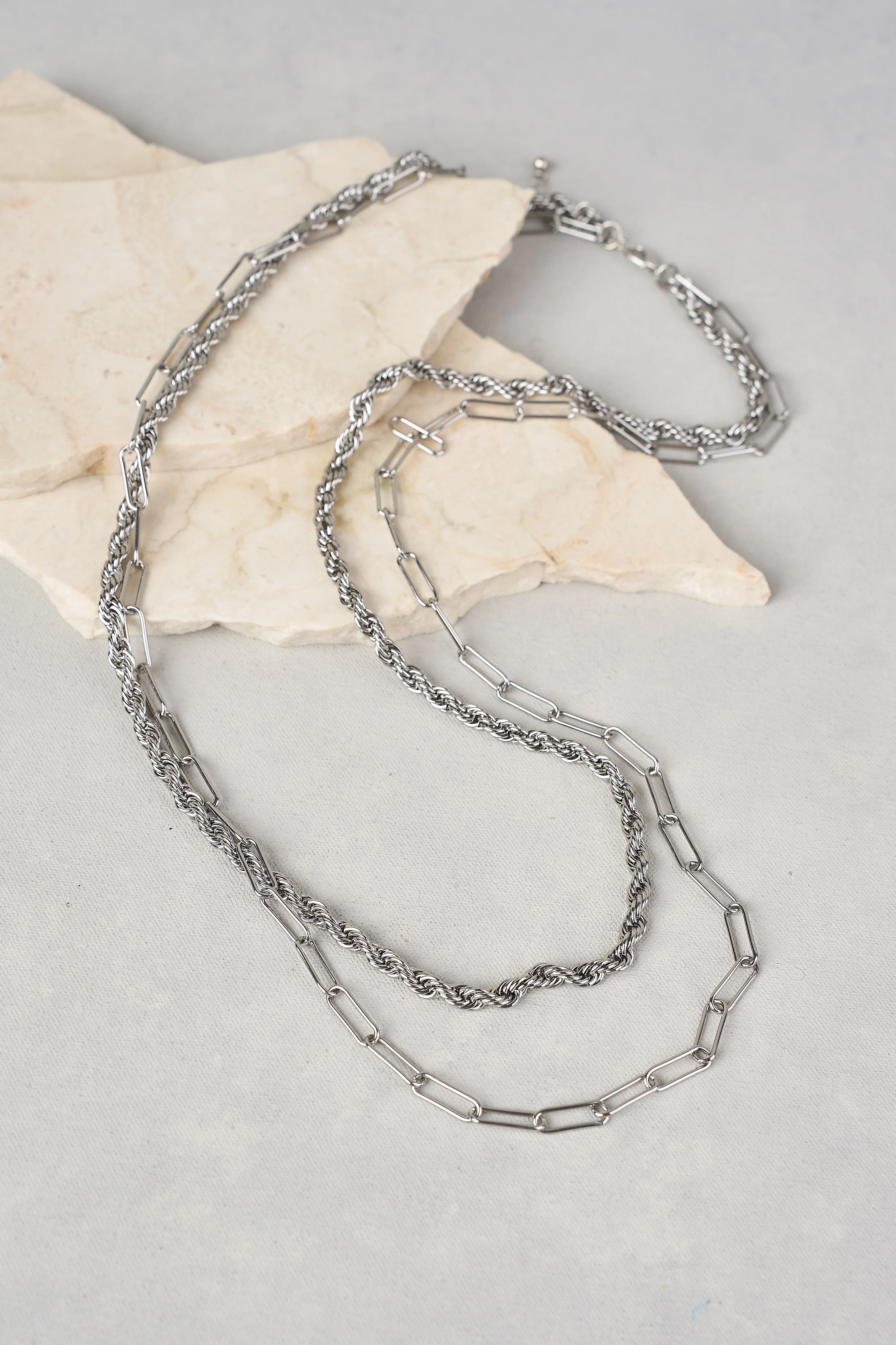 Double Layer Rope Chain Necklace - Rhodium - Skullriy