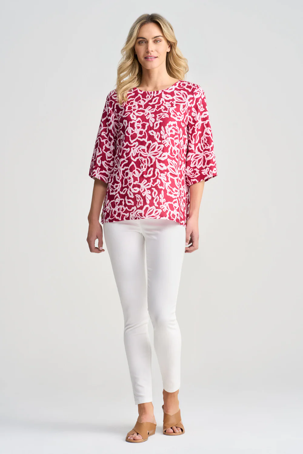 French Linen Button Detail Top - Pink White Floral - Skullriy