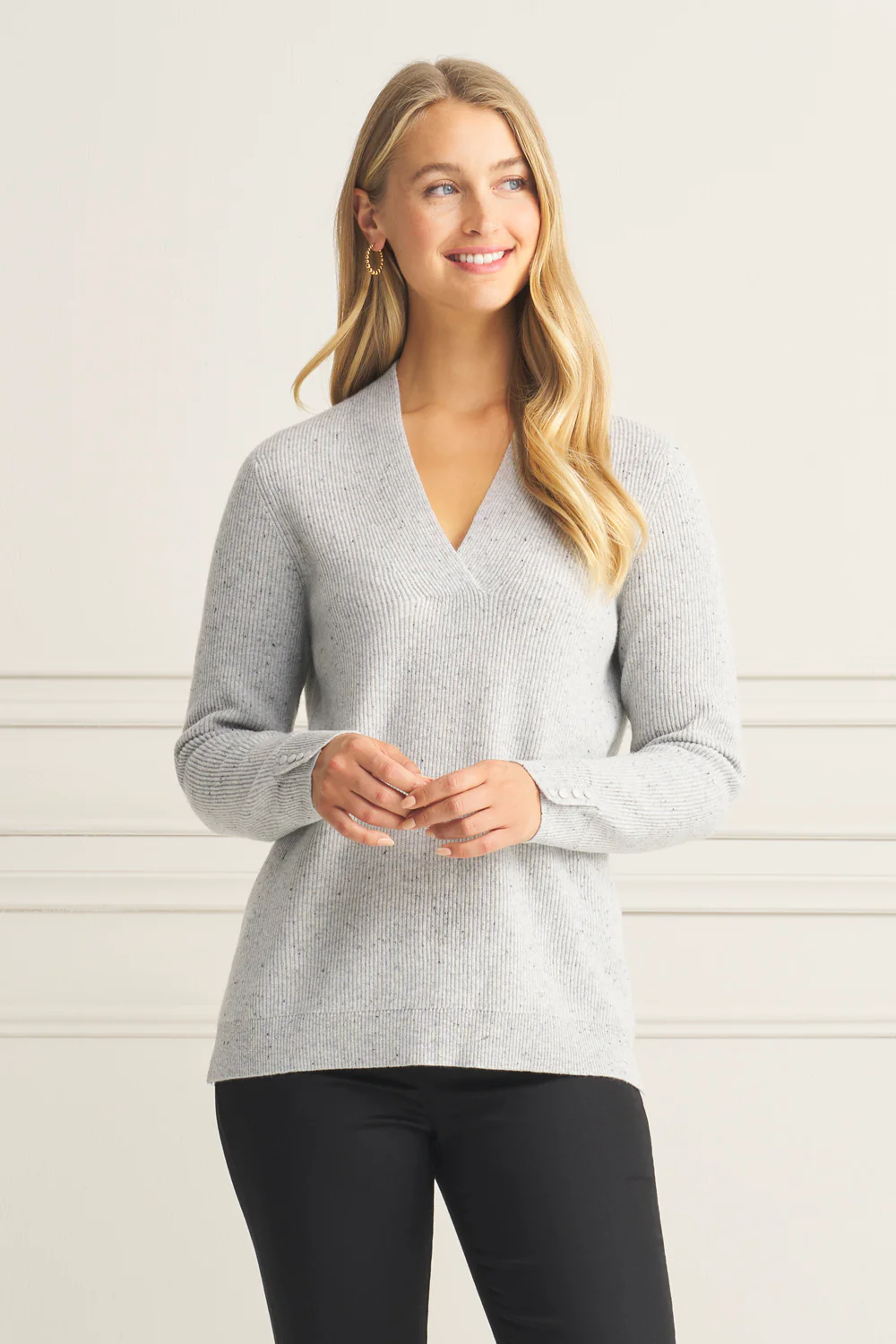 Ribbed V-Neck Wool Jumper - Pearl - Skullriy