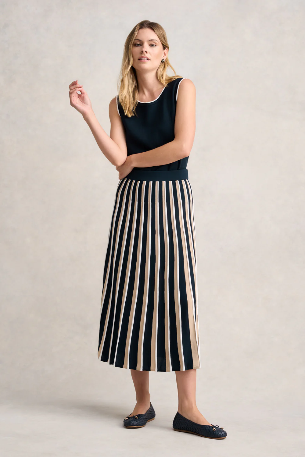 Pleated Knit Skirt - Deep Navy Stripe - Skullriy