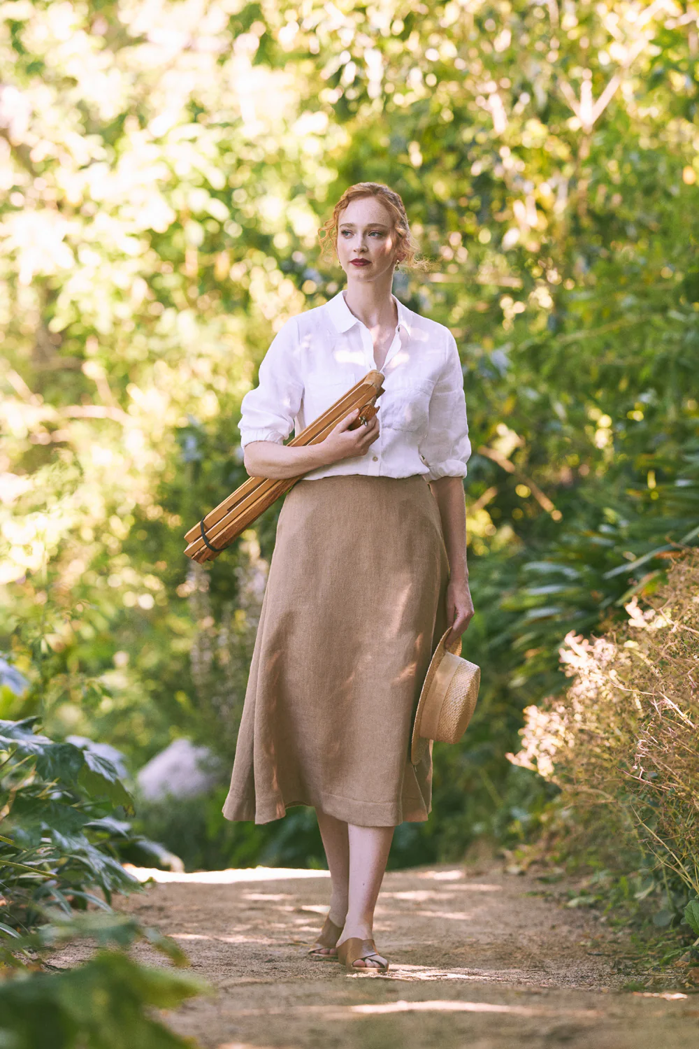 Twill Linen Midi Skirt - Camel Twill - Skullriy