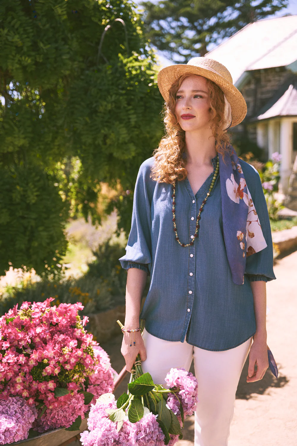 3/4 Sleeve Chambray Shirt - Denim Chambray - Skullriy