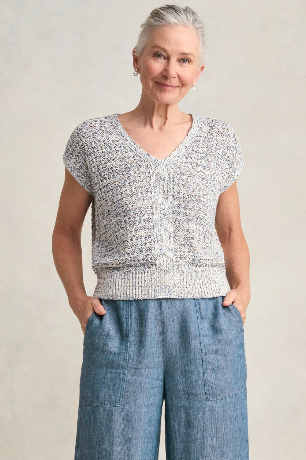 Tape Yarn Knit Top - Blue White Marle - Skullriy