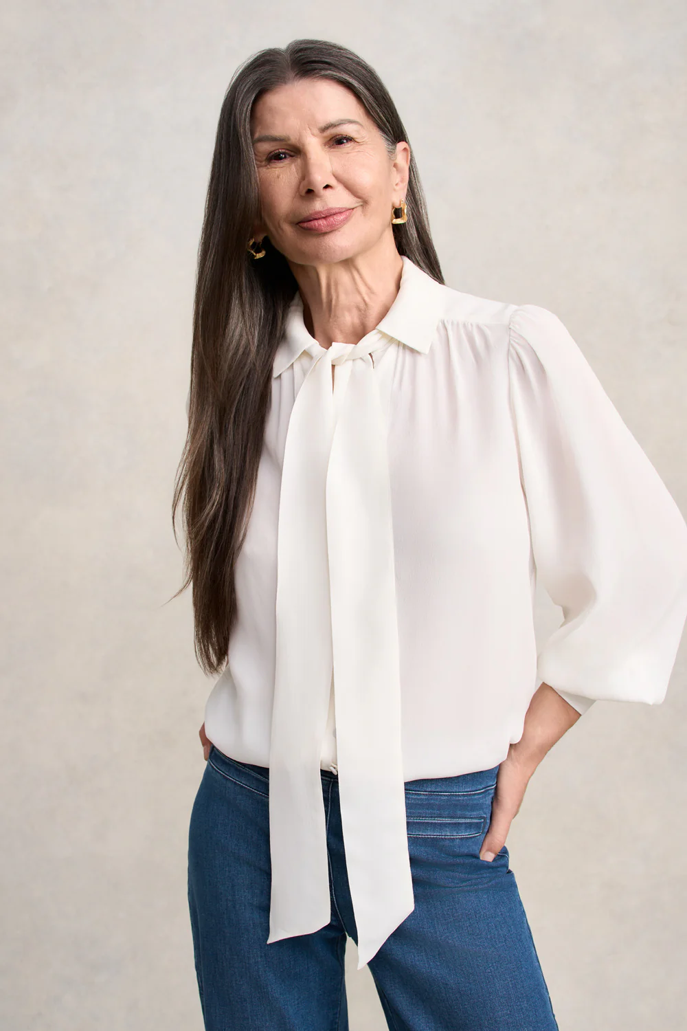 Silk Blend Shirt With Tie - Cream - Skullriy
