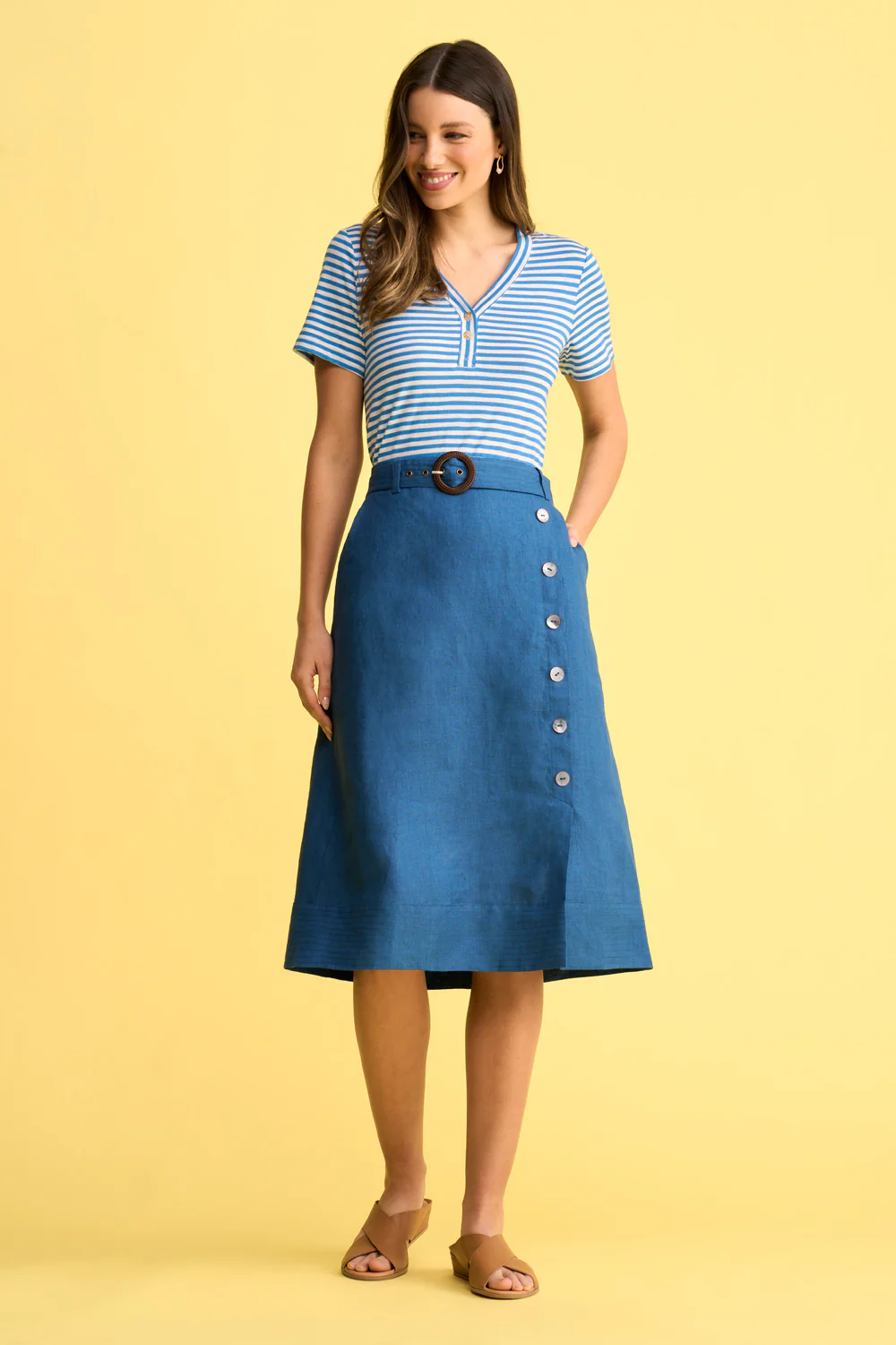 Belted Linen Skirt - Navy Cross Dye - Skullriy