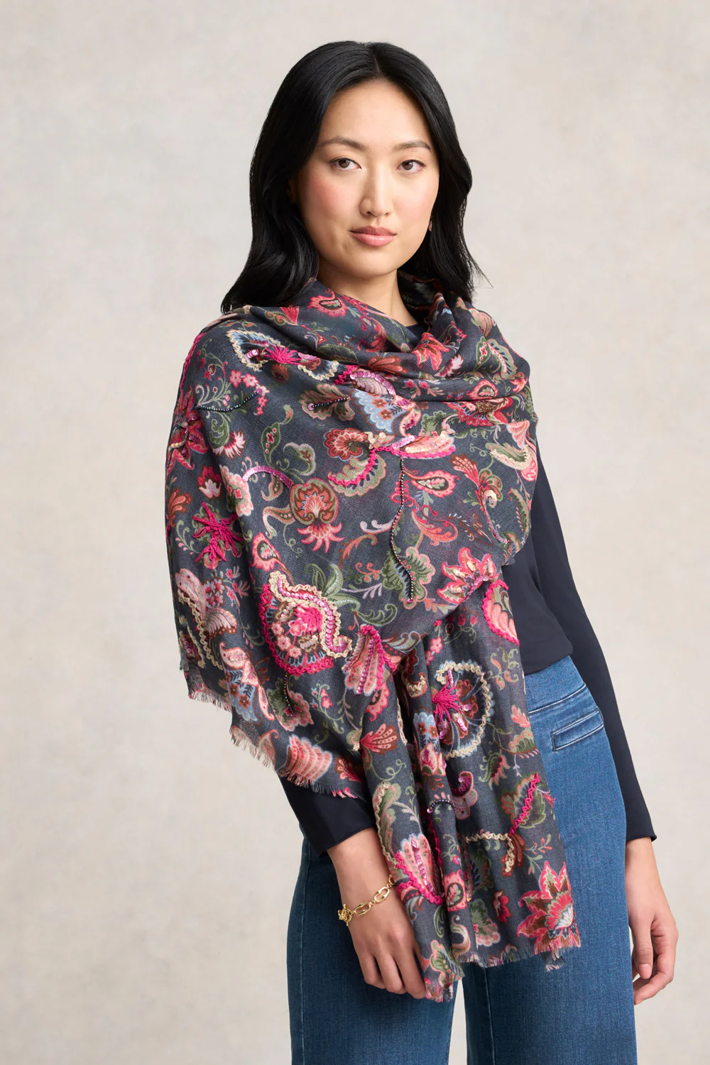 Embellished Paisley Wool Scarf - Multicolour - Skullriy