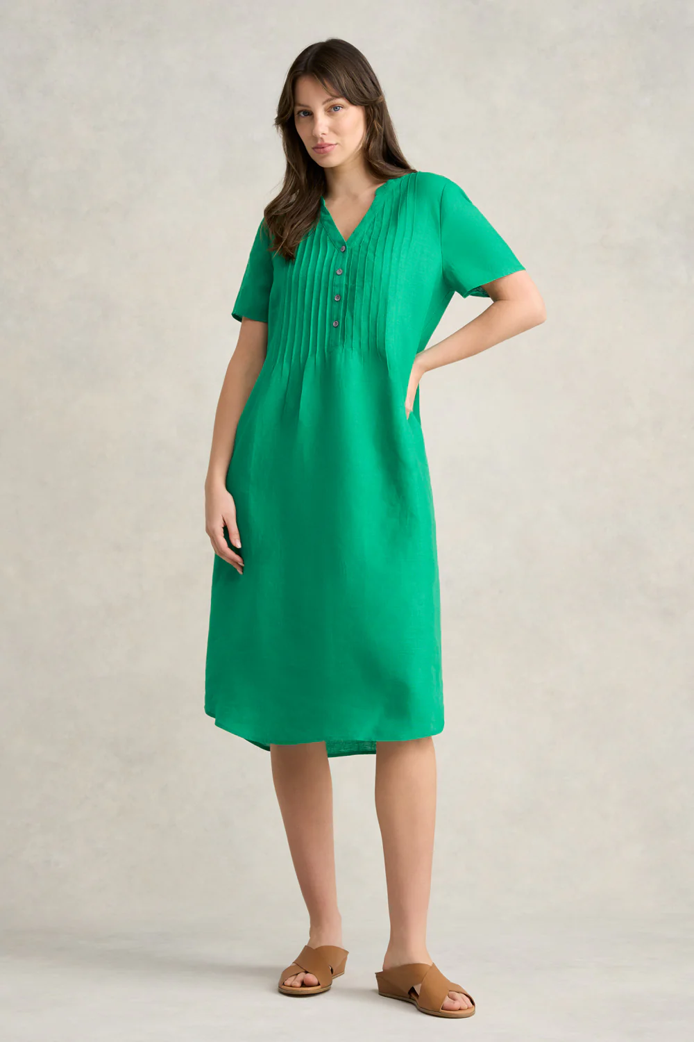 Pleated Front French Linen Dress - Vibrant Green - Skullriy