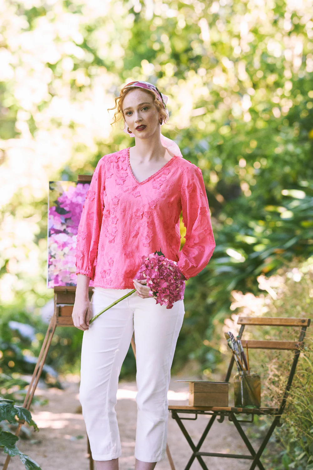 Lace Trim Embroidered Top - Vivid Pink - Skullriy