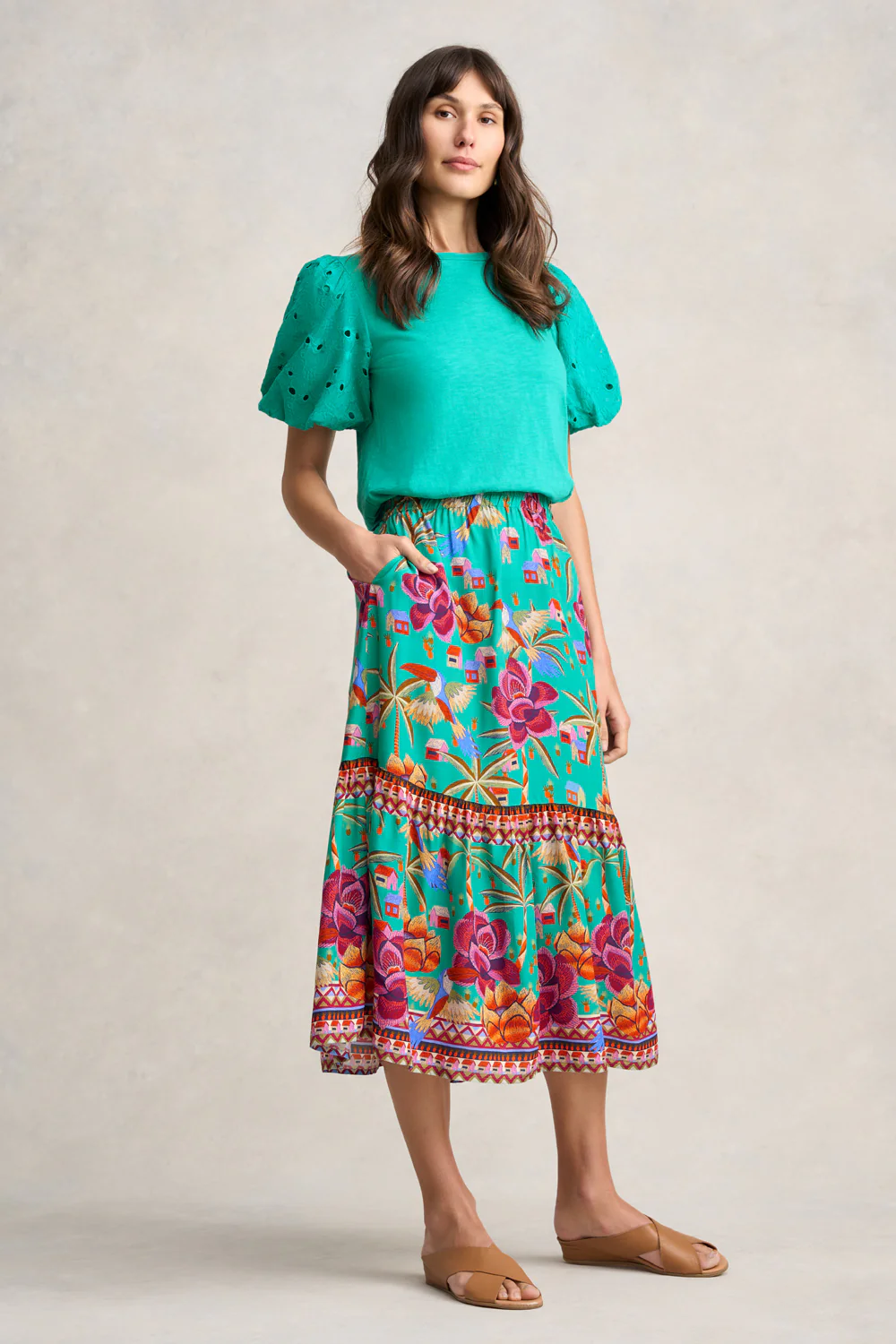 Broderie Sleeve Cotton T-Shirt - Viridian - Skullriy