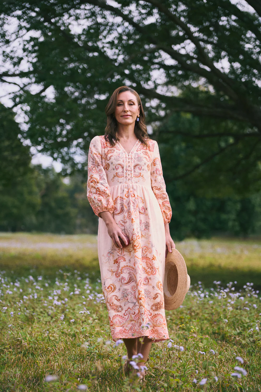 Printed French Linen Dress  C Peach Paisley Print - Skullriy