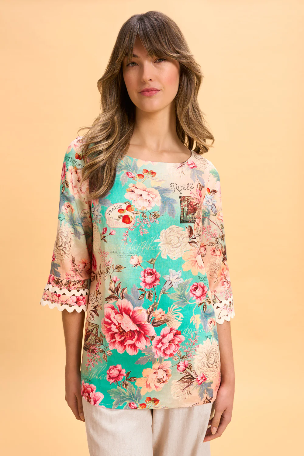 Linen Cuff Detail Top - French Bouquet Print - Skullriy