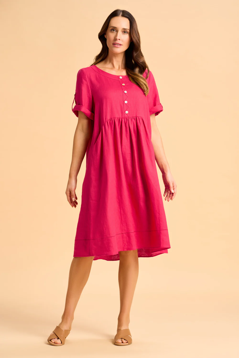 Button Detail Linen Dress - Rouge - Skullriy
