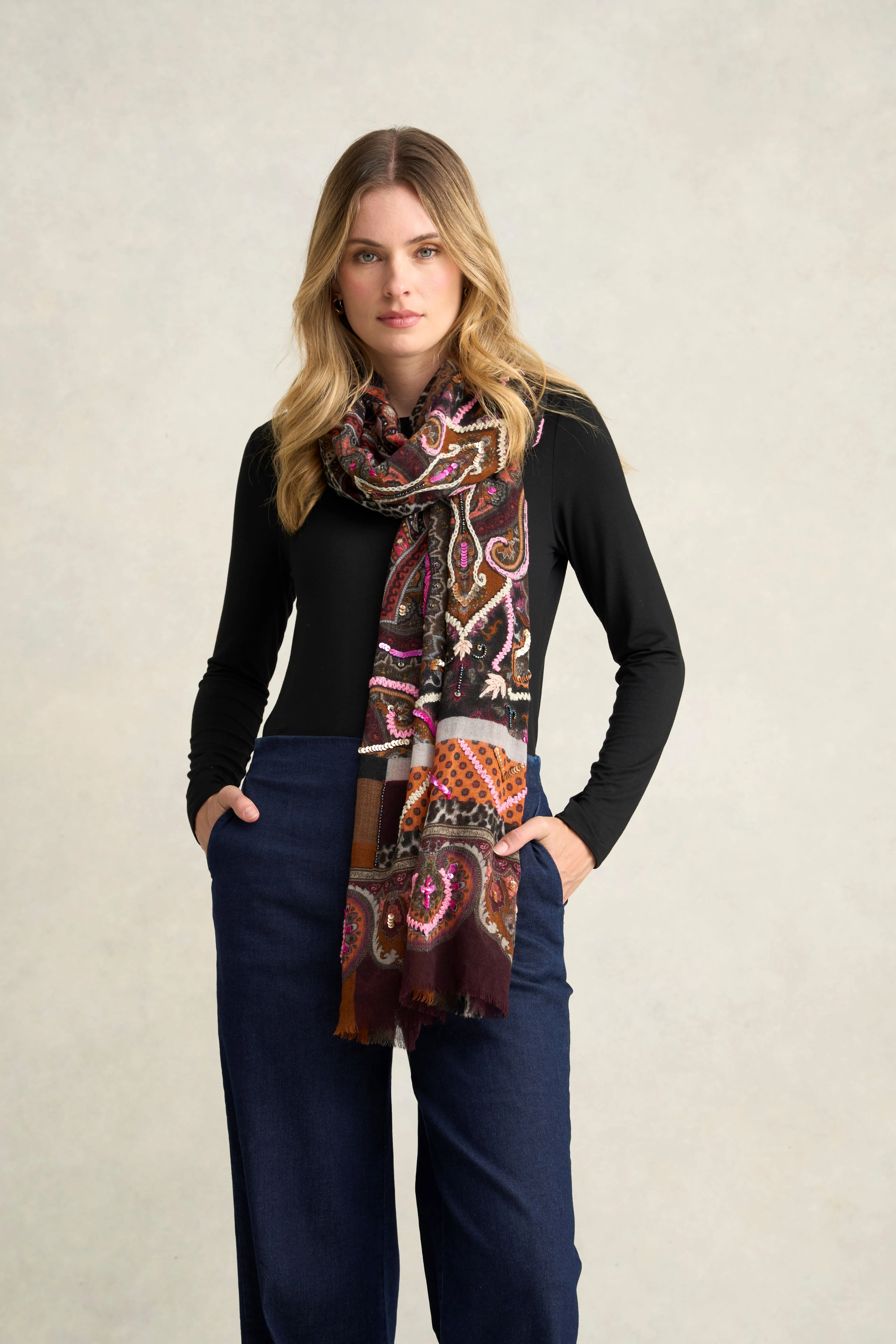 Maroon Paisley Wool Scarf - Multicolour - Skullriy