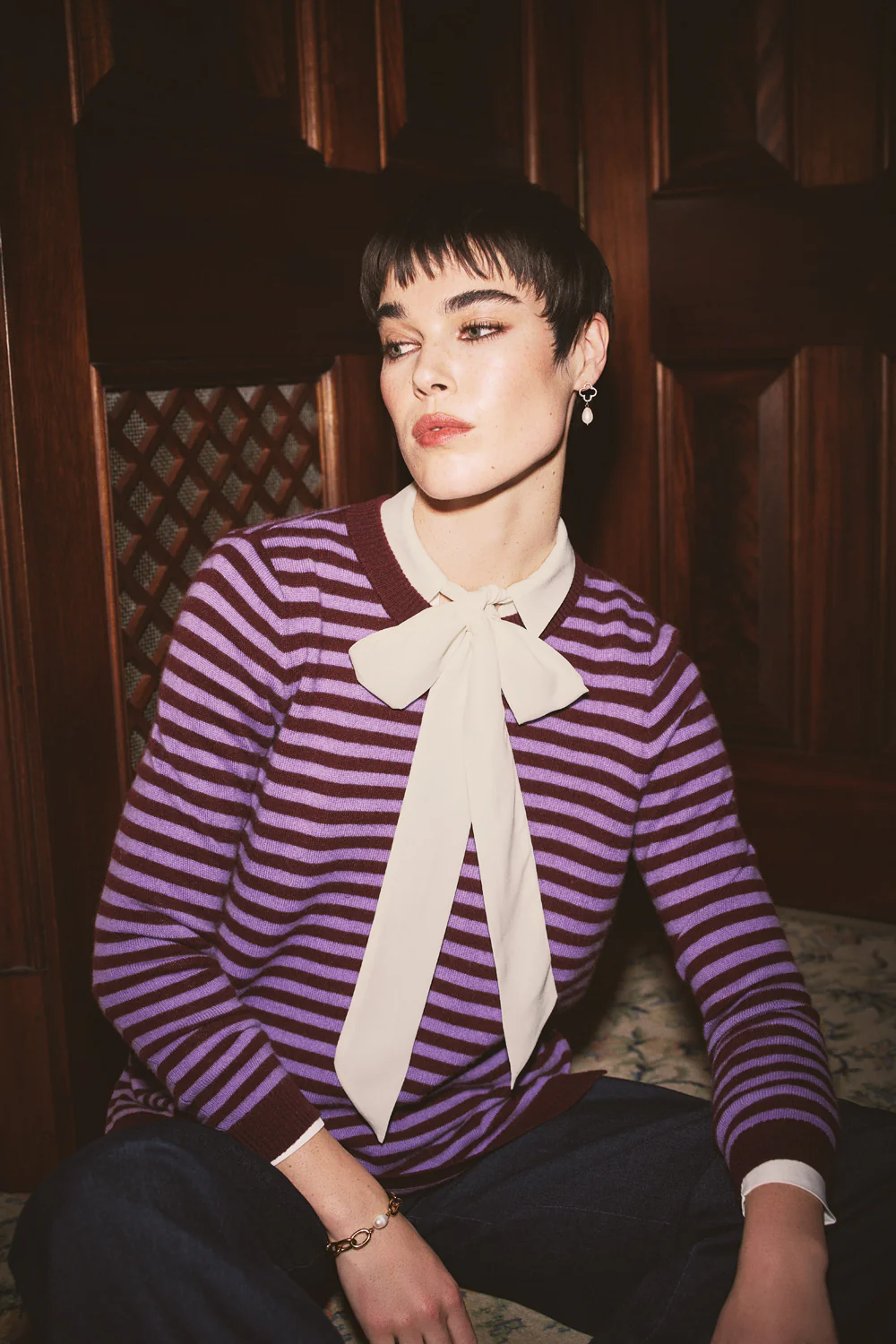 Cashmere Blend Crew Neck Jumper - Violet Stripe - Skullriy