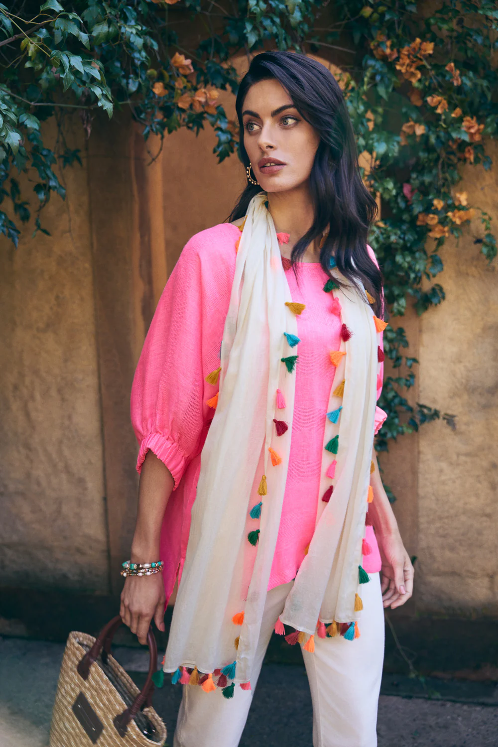 Fluoro Pom Trim Scarf - Multi - Skullriy