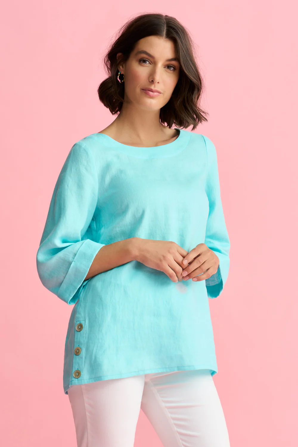 French Linen Button Detail Top - Aqua - Skullriy