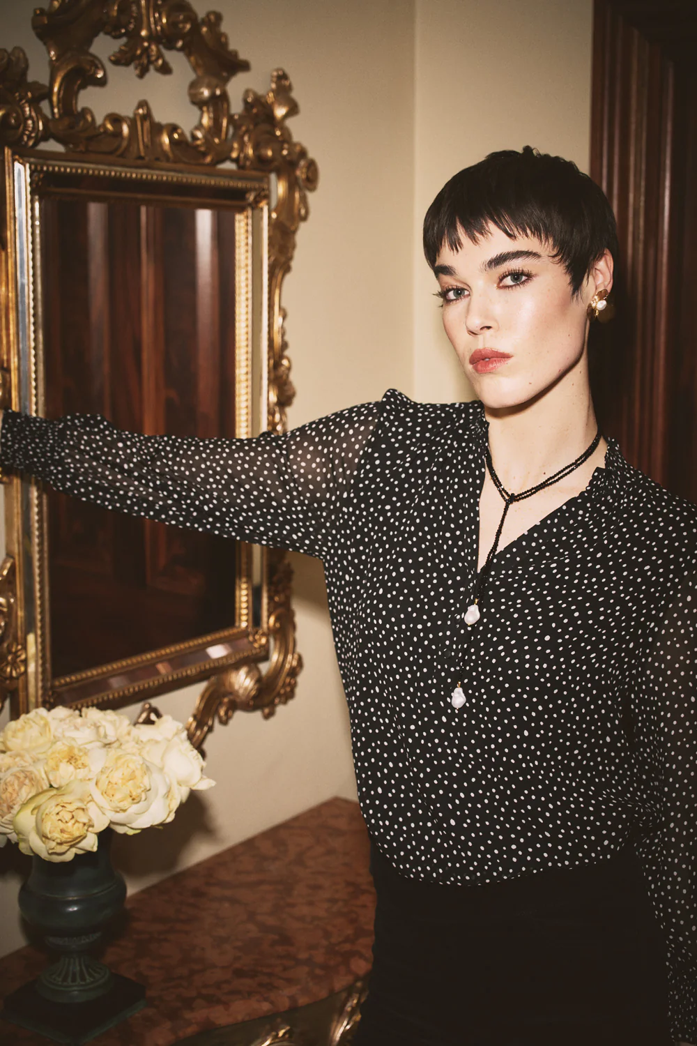 Shirred Georgette Blouse - Black & White Spot - Skullriy