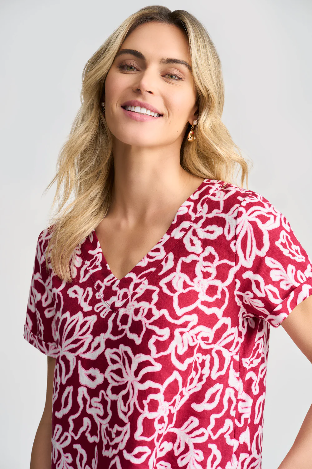 V-Neck Linen Dress - Pink & White Floral - Skullriy