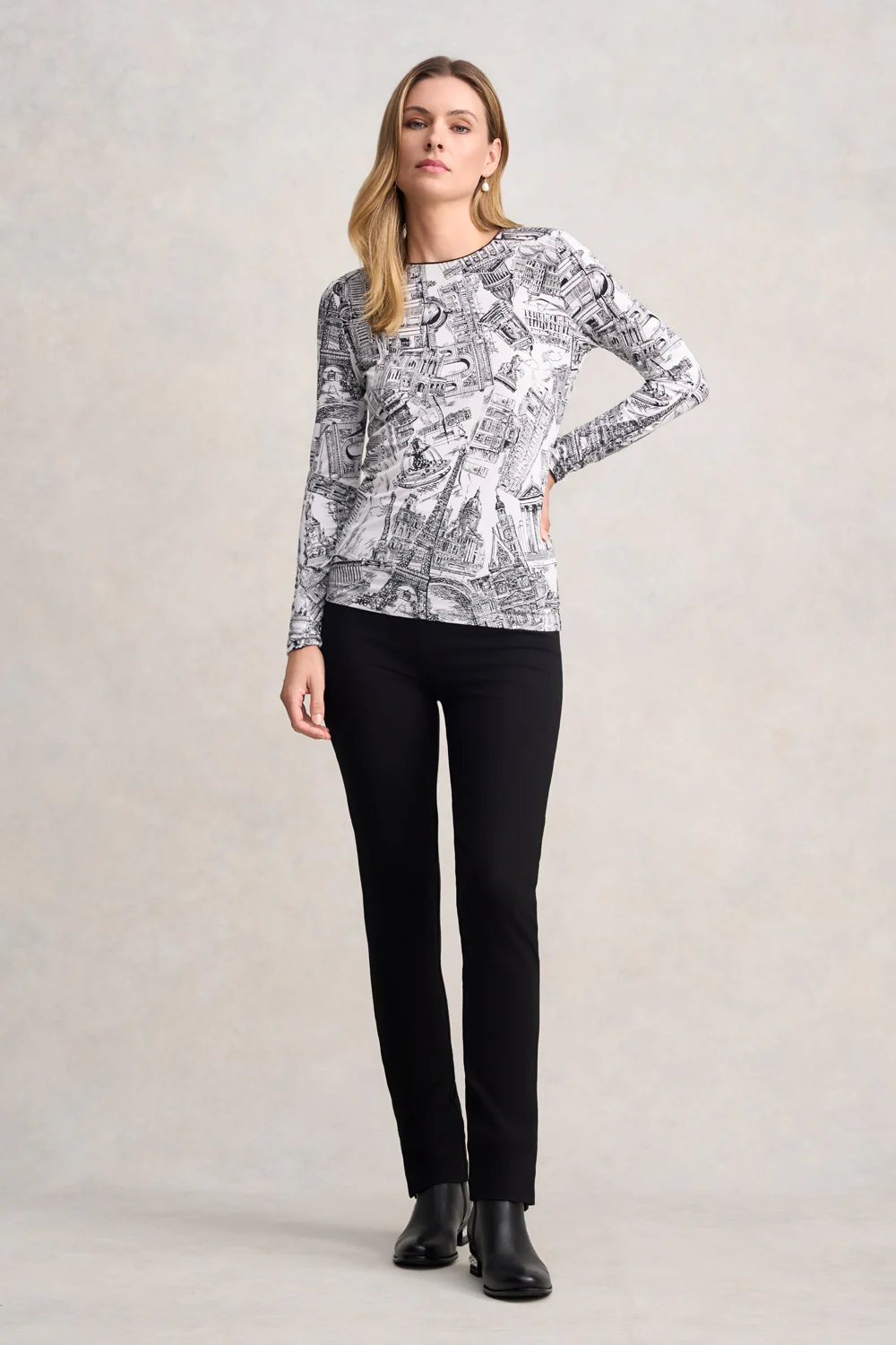 Long Sleeve Crew Neck Top - France Capital Print - Skullriy