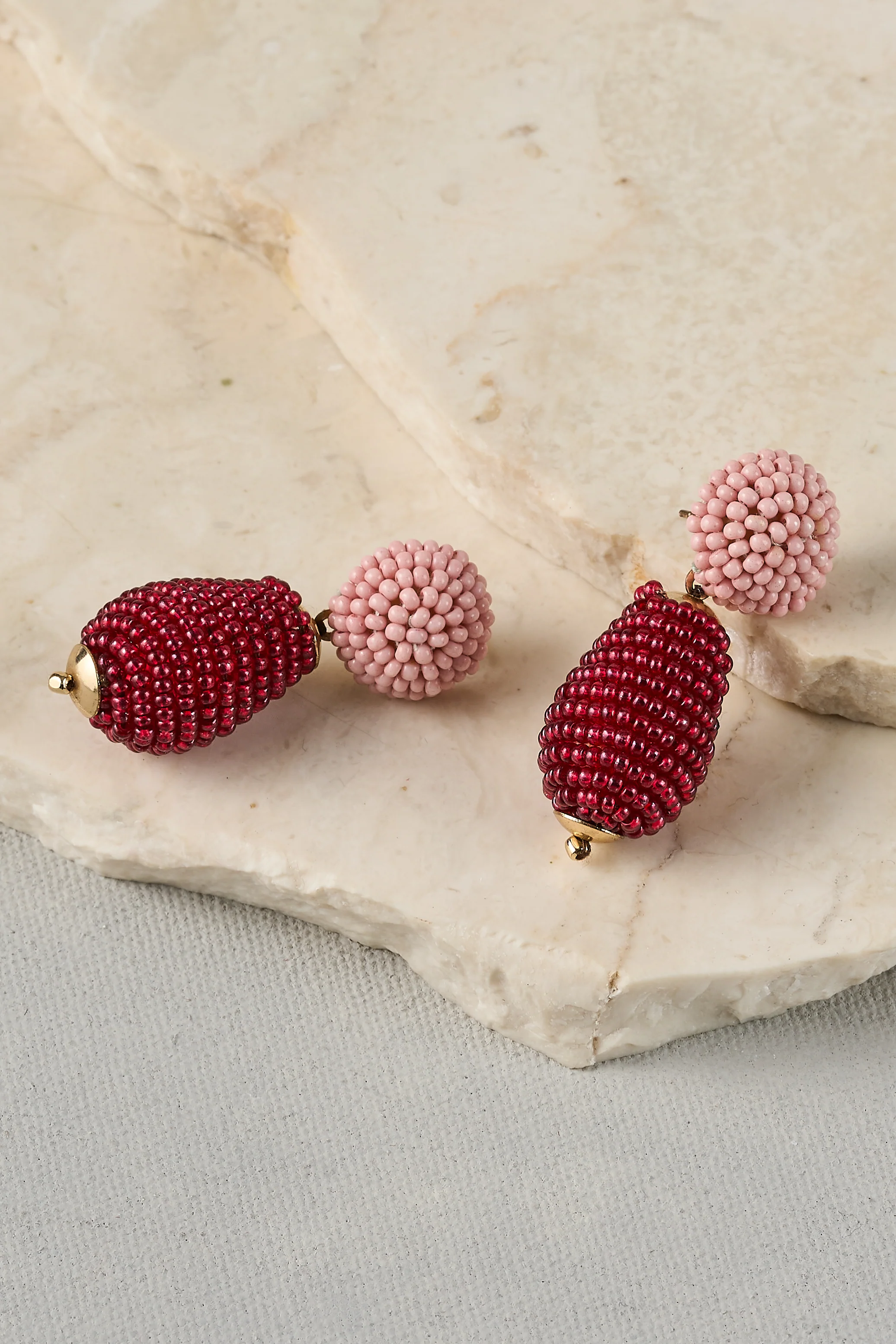 Beaded Double Drop Studs  C Pink - Skullriy