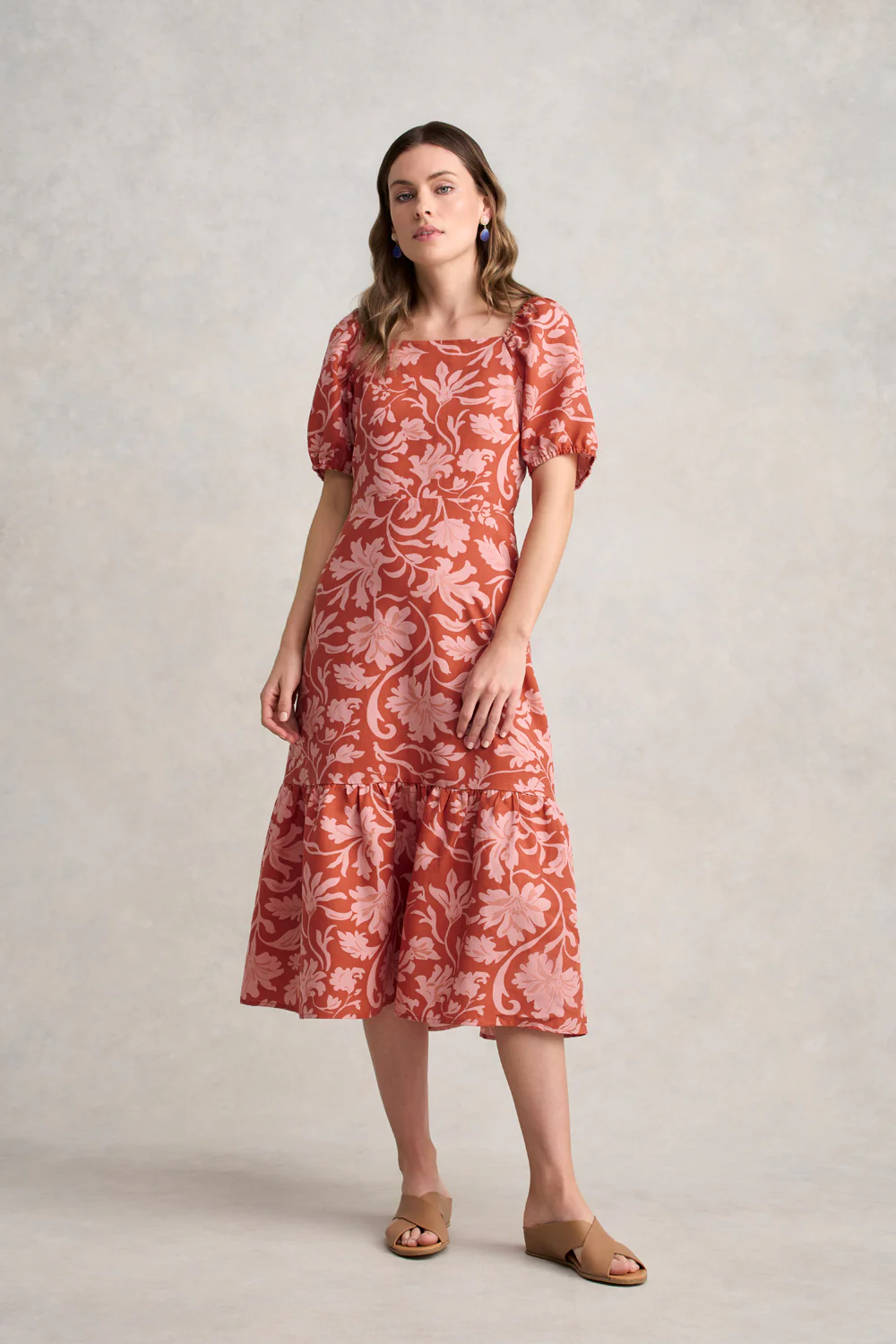 Linen Blend Printed Midi Dress  C Rosewood Print - Skullriy
