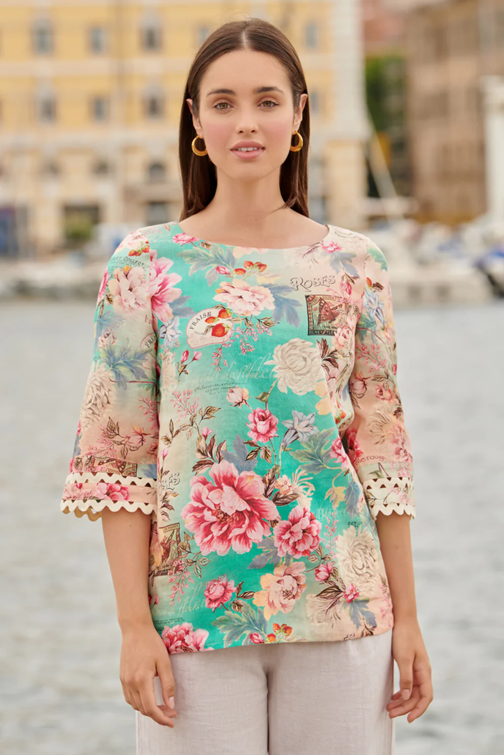 Linen Cuff Detail Top - French Bouquet Print - Skullriy