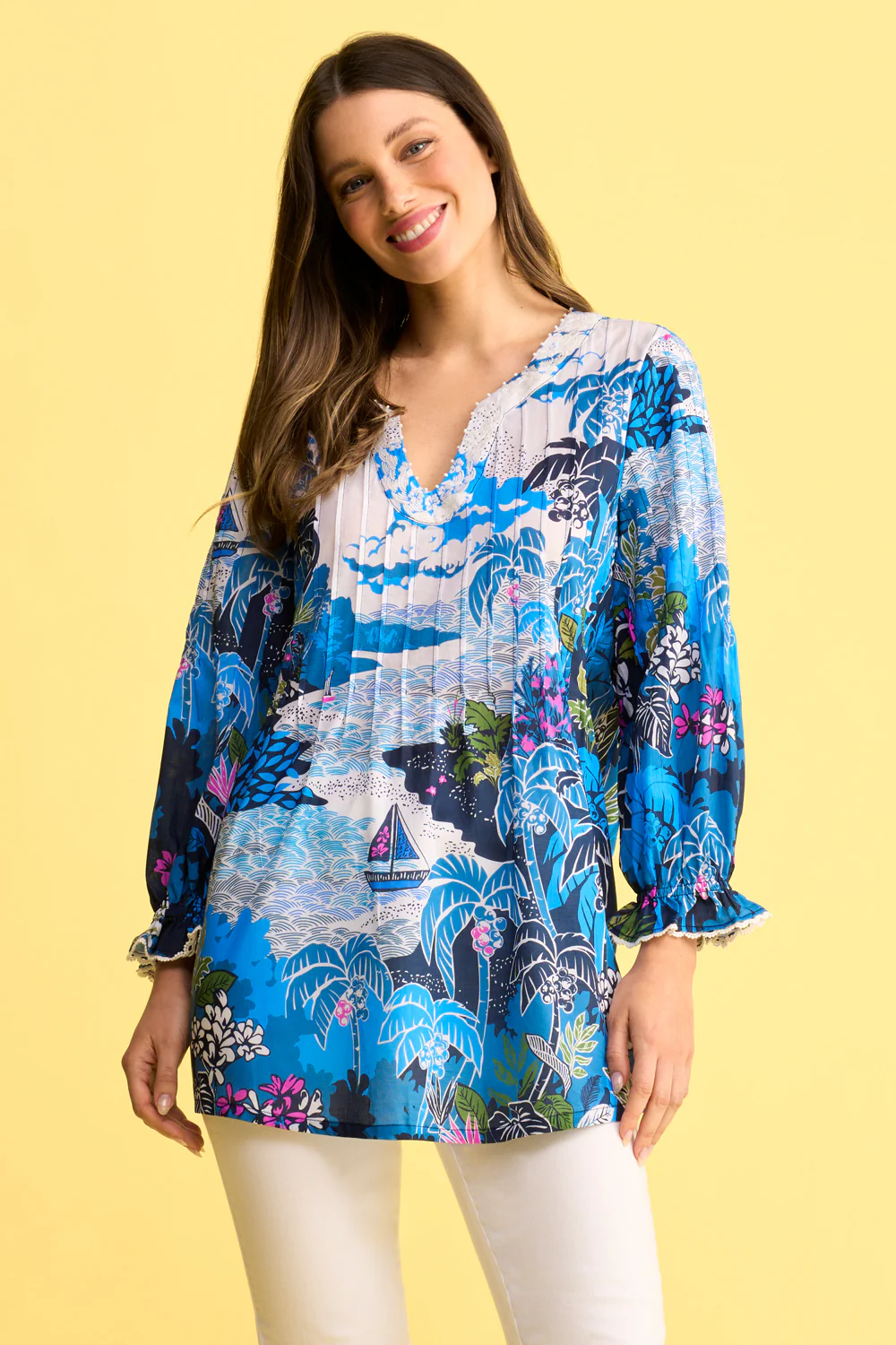 Pleated Cotton Blouse - Corsica Scenic Print - Skullriy