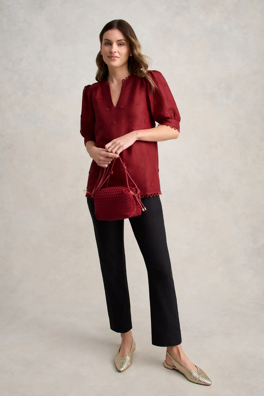 Lace Trim Linen Top  C Crimson - Skullriy