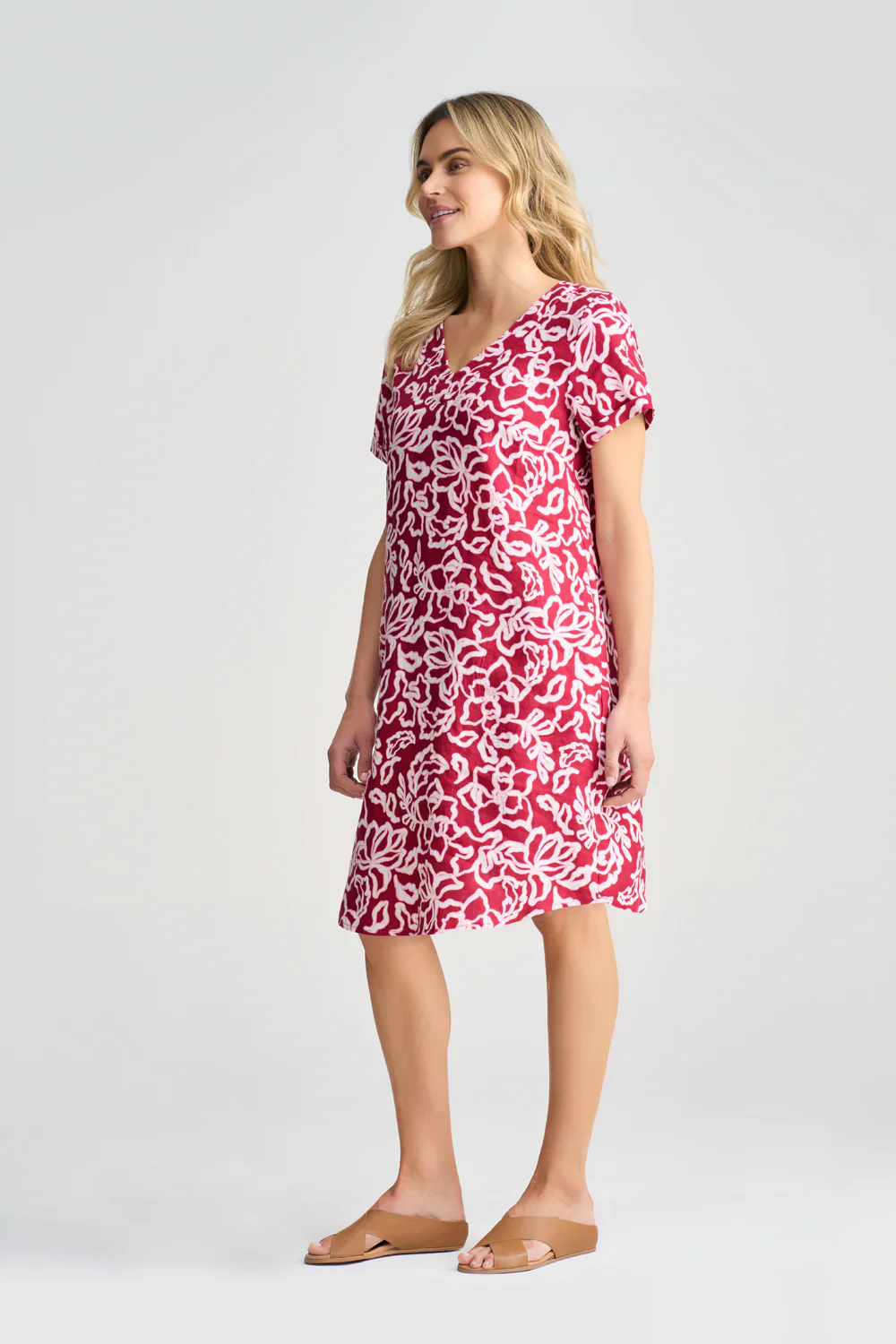 V-Neck Linen Dress - Pink & White Floral - Skullriy