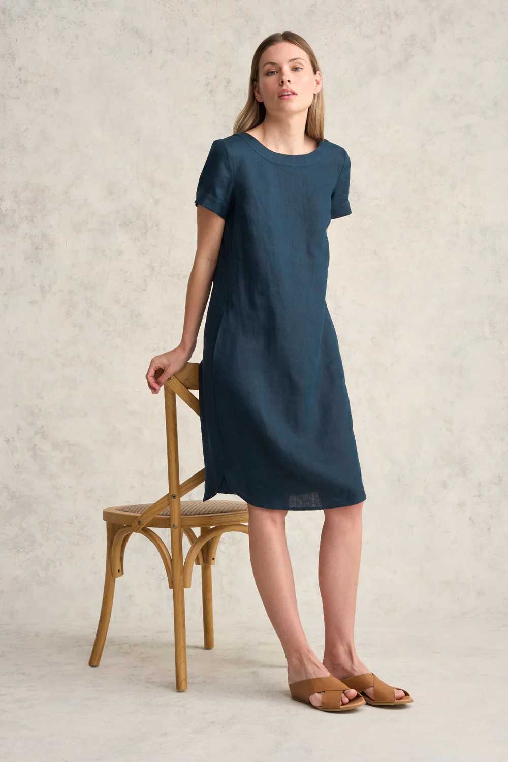 Scoop Neck Linen Dress - Ink - Skullriy
