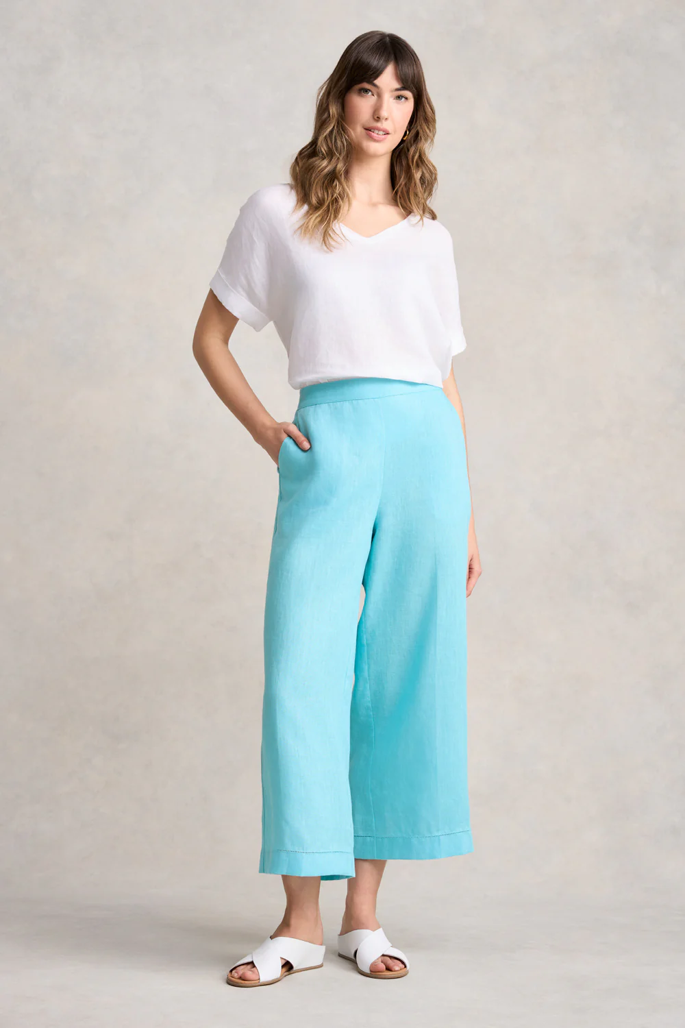 7/8th Wide Leg Linen Pant - Blue Lake - Skullriy