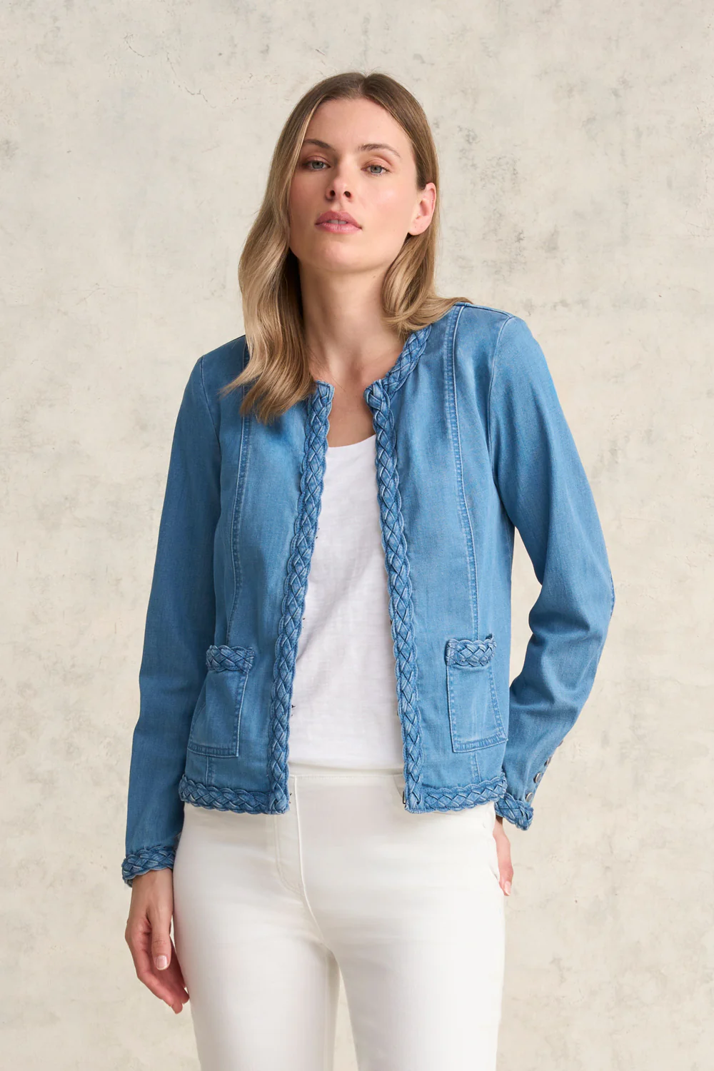 Braid Trim Denim Jacket - Aged Indigo - Skullriy