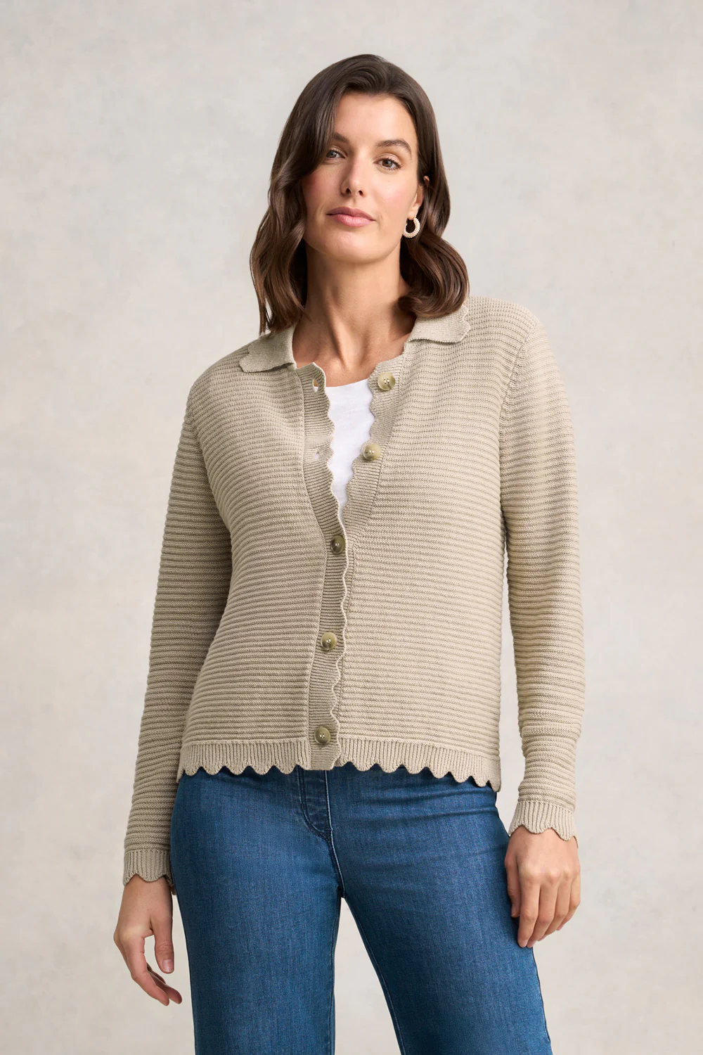 Scallop Detail Cardigan  C Stone - Skullriy