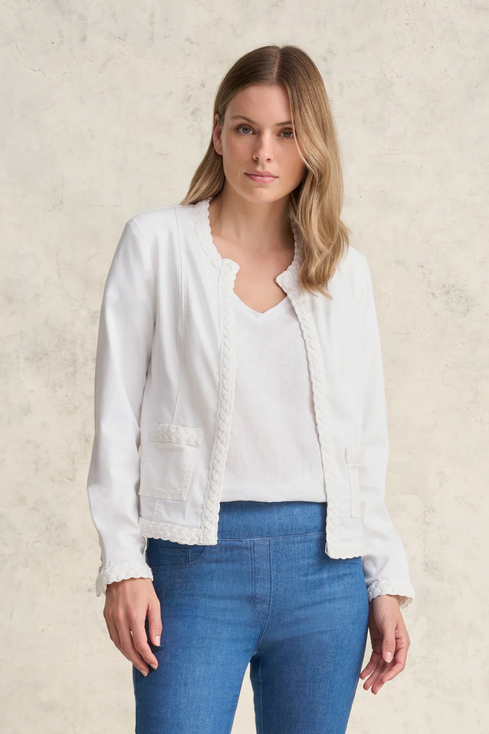 Braid Trim Denim Jacket - White - Skullriy