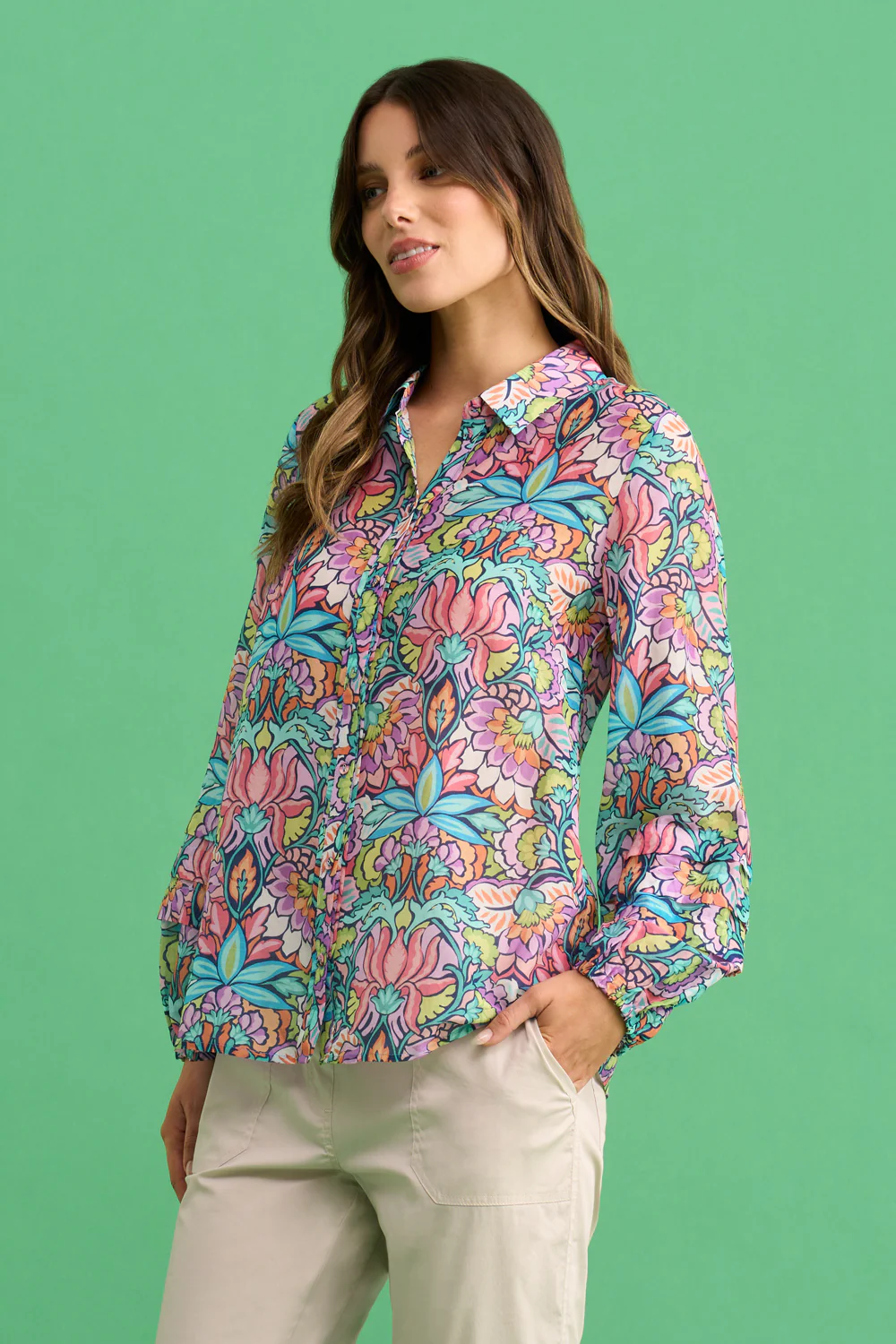 Printed Cotton Silk Shirt - Lotus Print - Skullriy