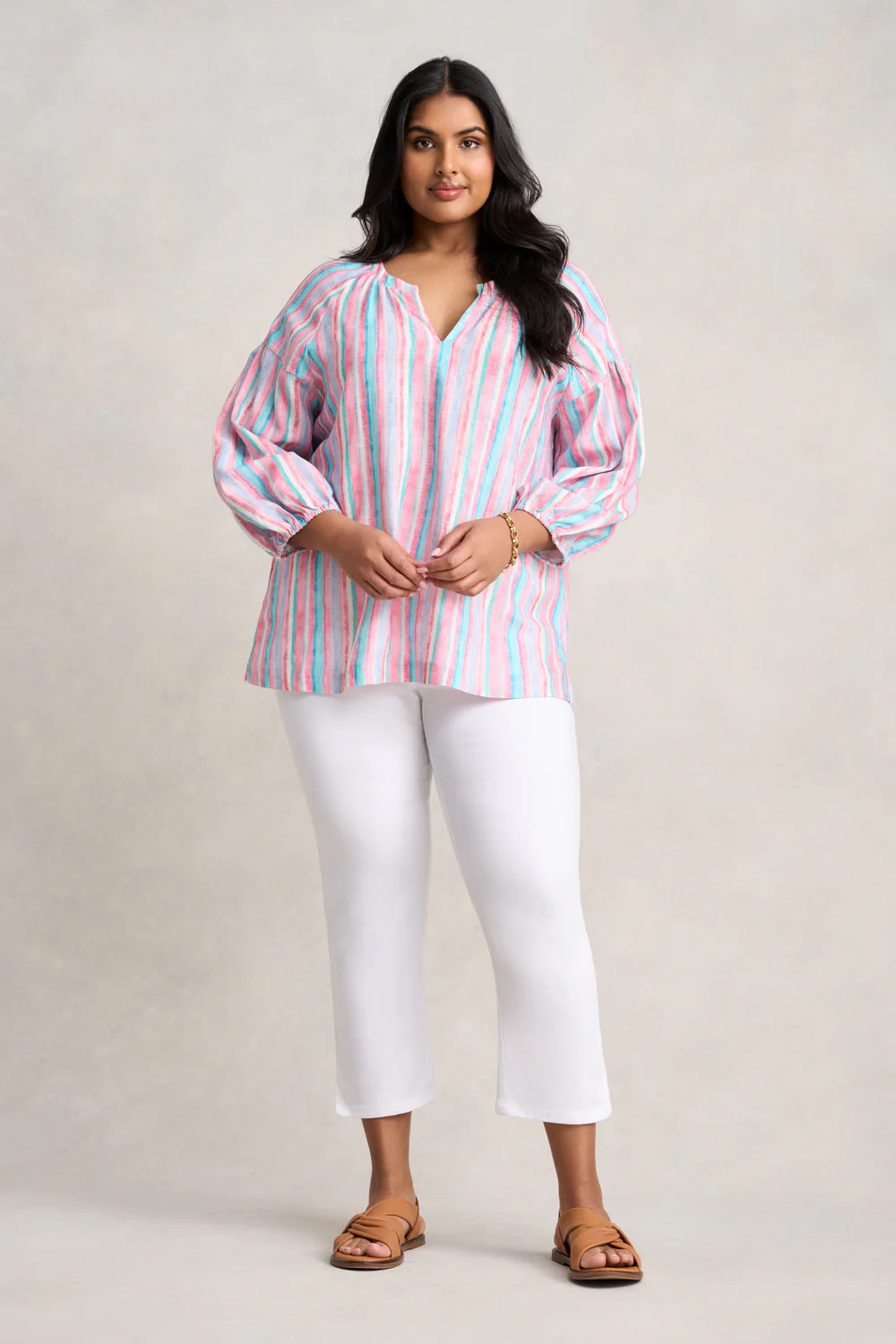 Puff Sleeve Linen Top - Summer Stripe - Skullriy