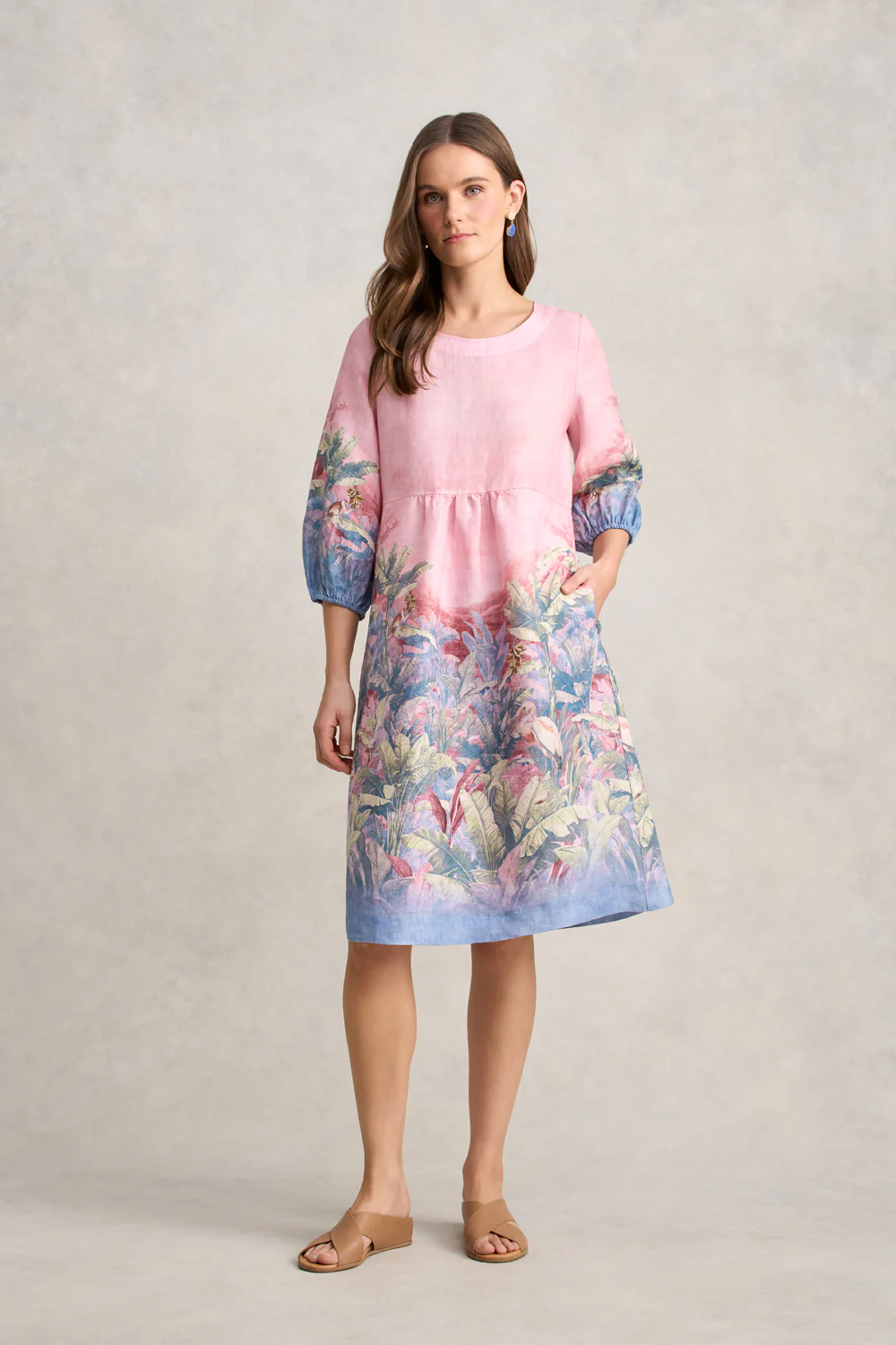 Printed Linen Dress  C Sunset Palms Print - Skullriy