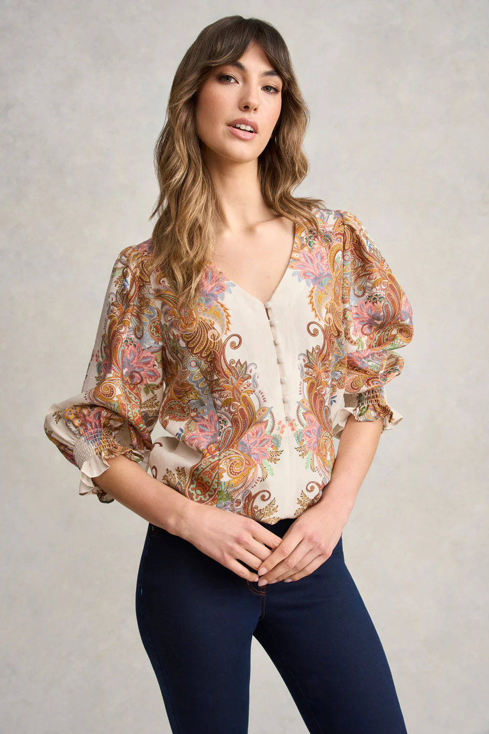 Paisley Border Print Blouse - Cream Paisley Border - Skullriy