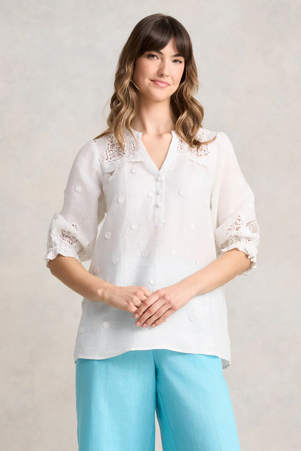 Lace Embroidered Linen Top - White - Skullriy