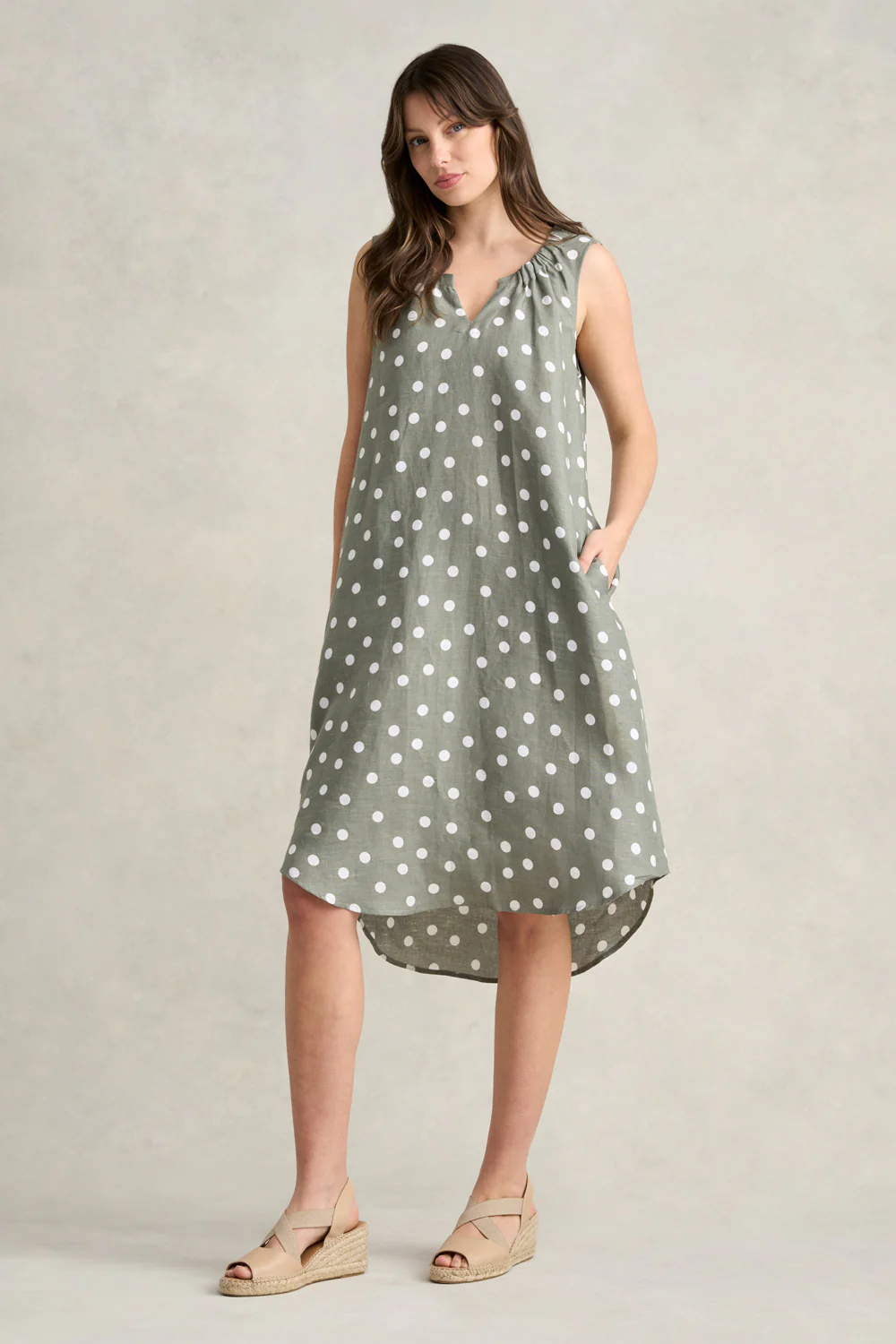 Gathered French Linen Dress - Olive Polka Dot - Skullriy