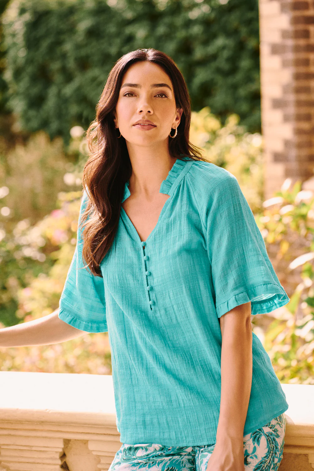 Textured Cotton Blouse - Turquoise - Skullriy