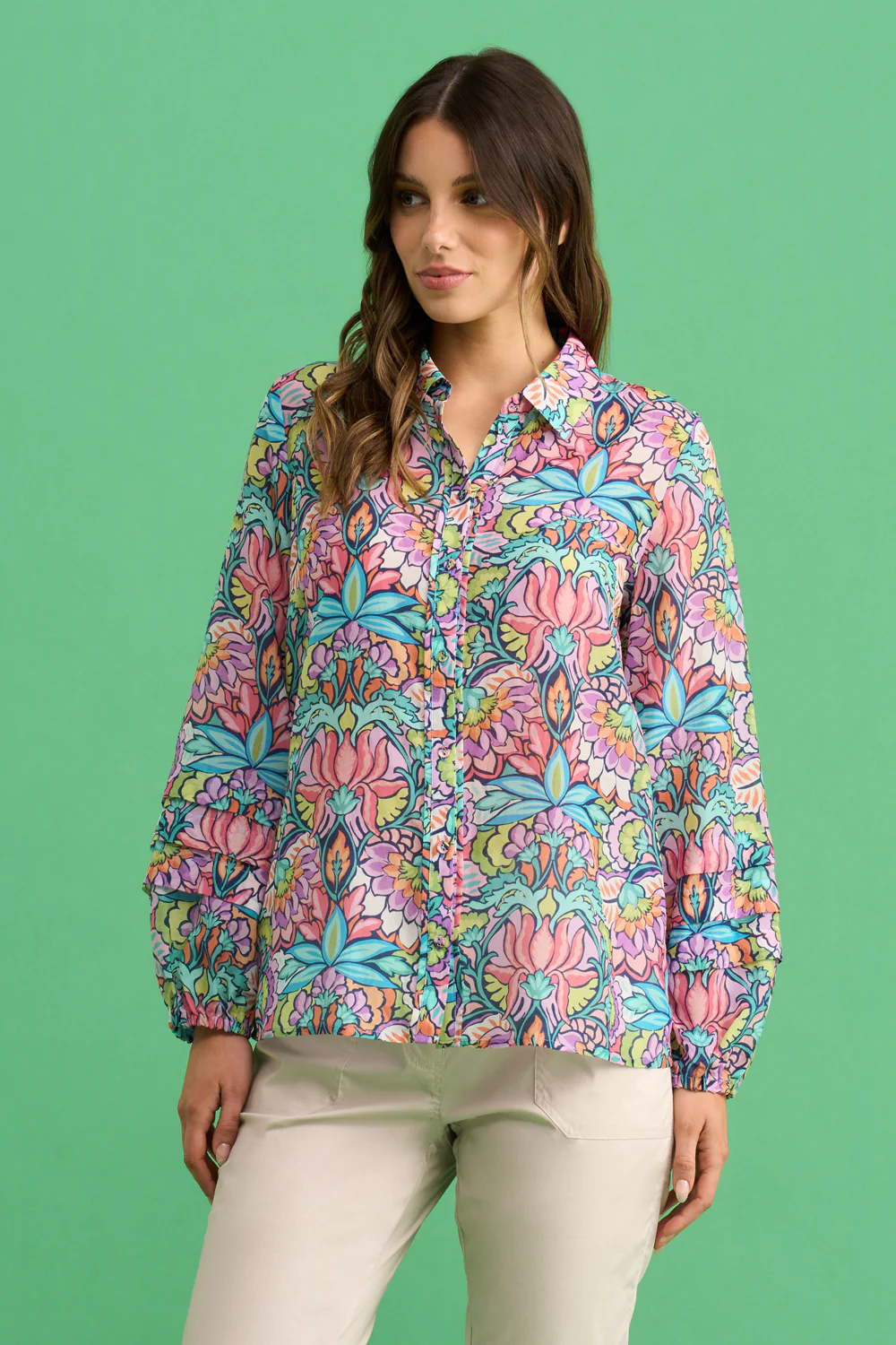 Printed Cotton Silk Shirt - Lotus Print - Skullriy