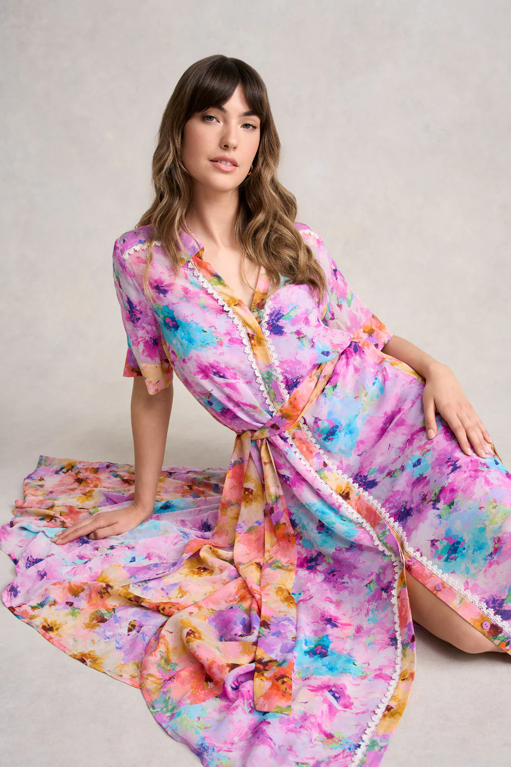 Spliced Print Shirt Dress - Janes Bouquet - Skullriy