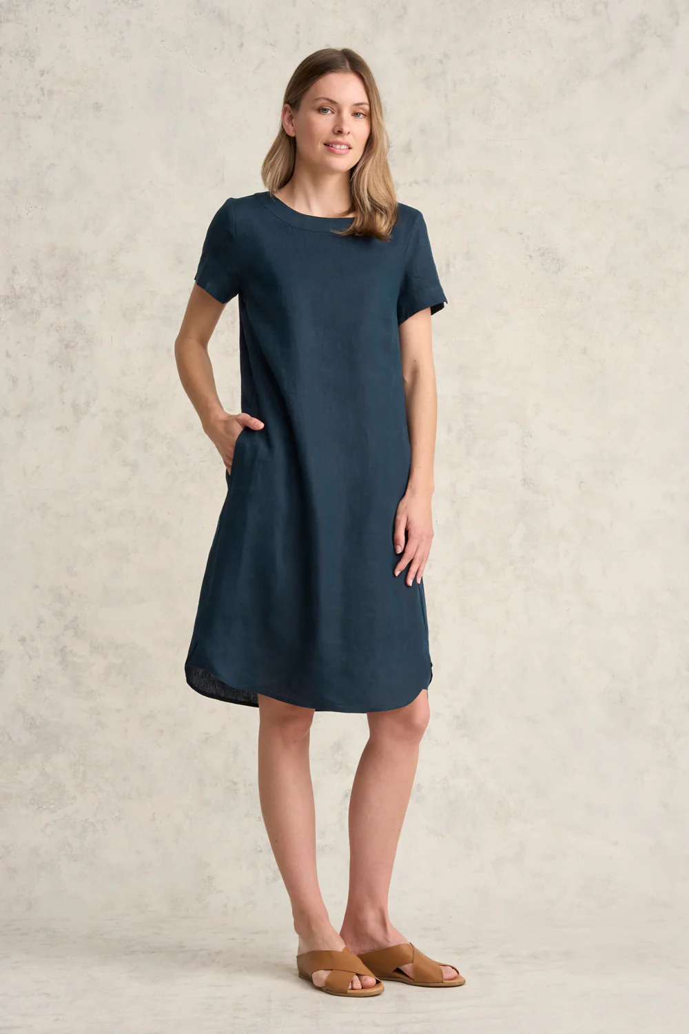 Scoop Neck Linen Dress - Ink - Skullriy