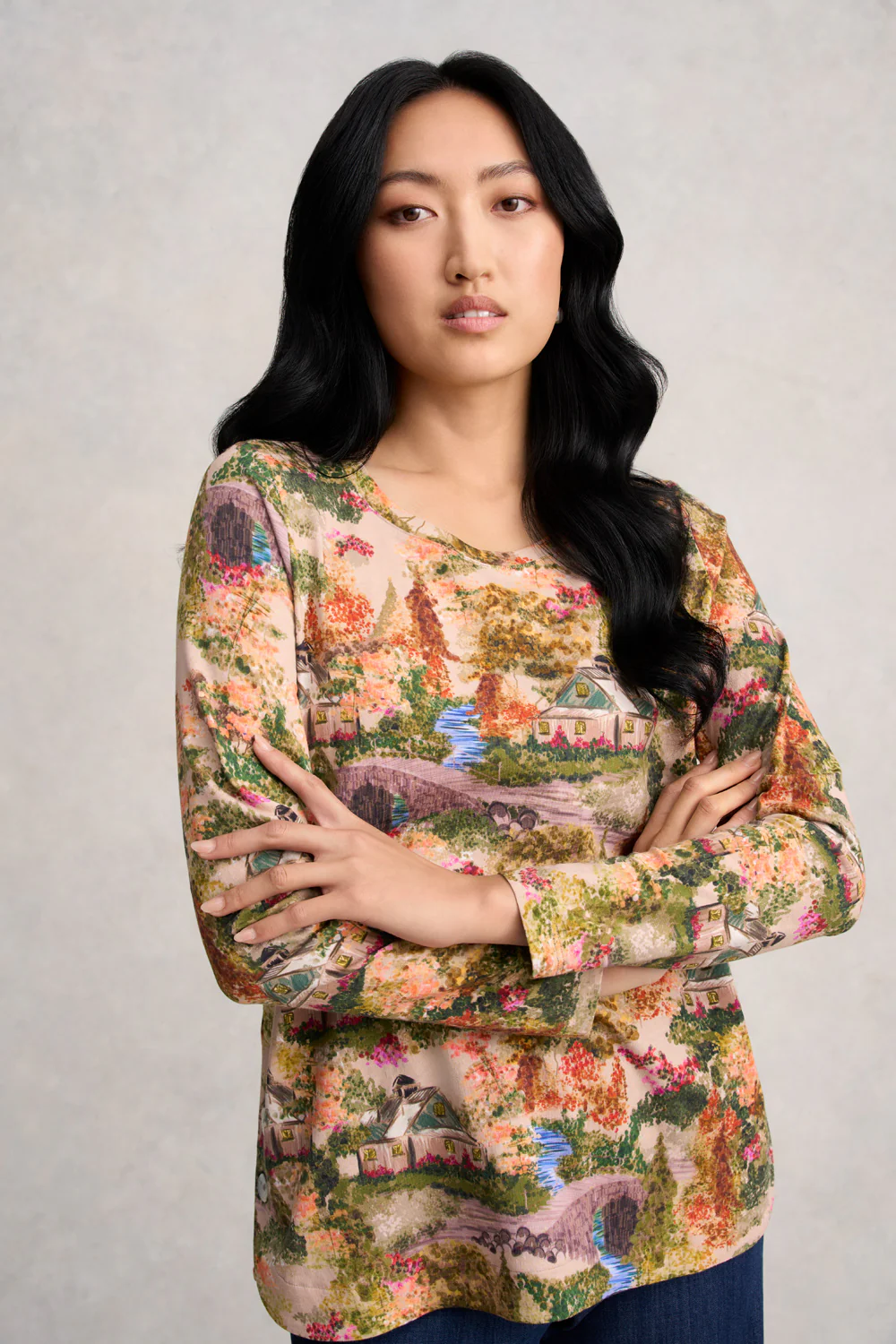 Long Sleeve Organic Cotton T-Shirt - Autumn Cottage Print - Skullriy